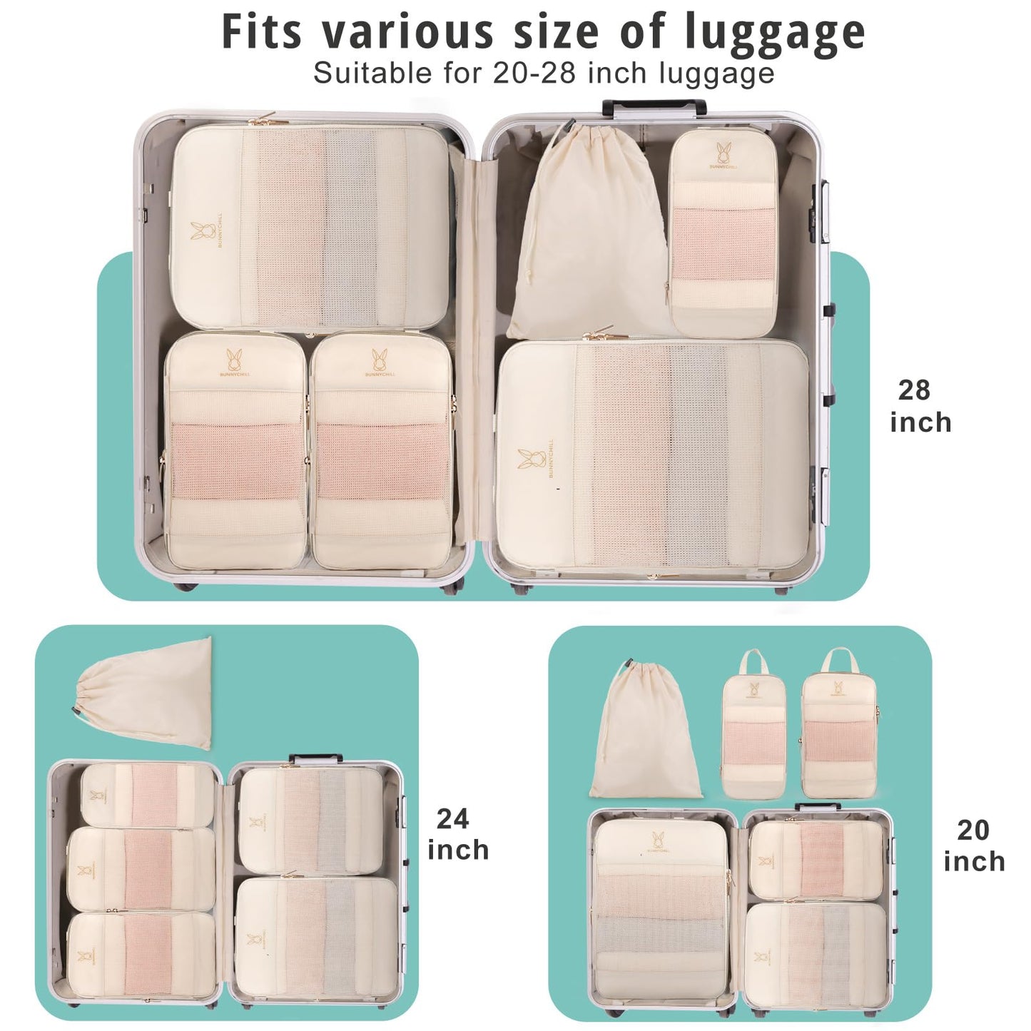 6 Set Compression Packing Cubes for Travel, Bunnychill Portable Zipper Packing Cube for Cloting, Expandable Space Saver Storage Luggage Organizer Bags for Suitcases(Beige)