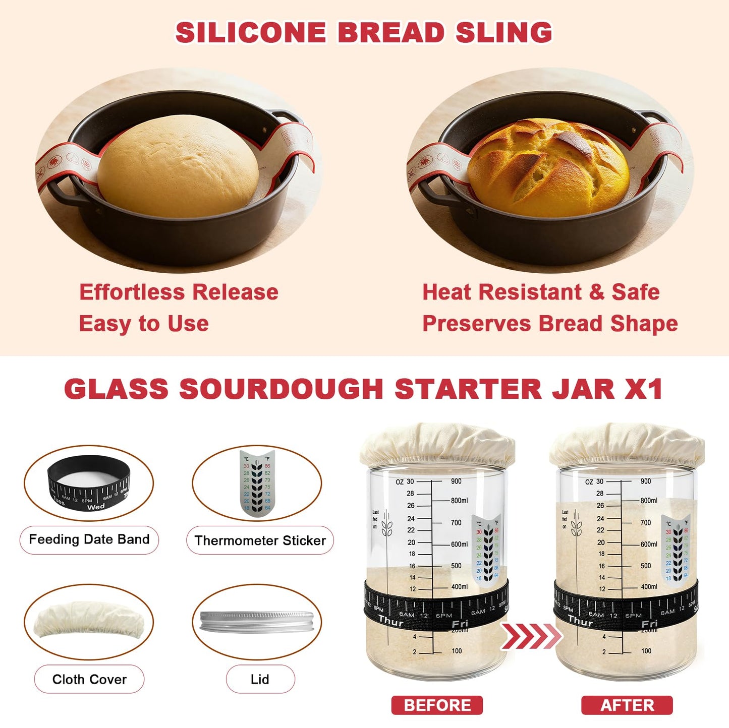 Sourdough Bread Baking Supplies, Sourdough Starter Kit with Cotton Rope Oval & Round Bread Proofing Basket and Sourdough Starter Jar, Artisan Bread Making Kit Ideal Gift for Bakers, Women Wife Mom Red