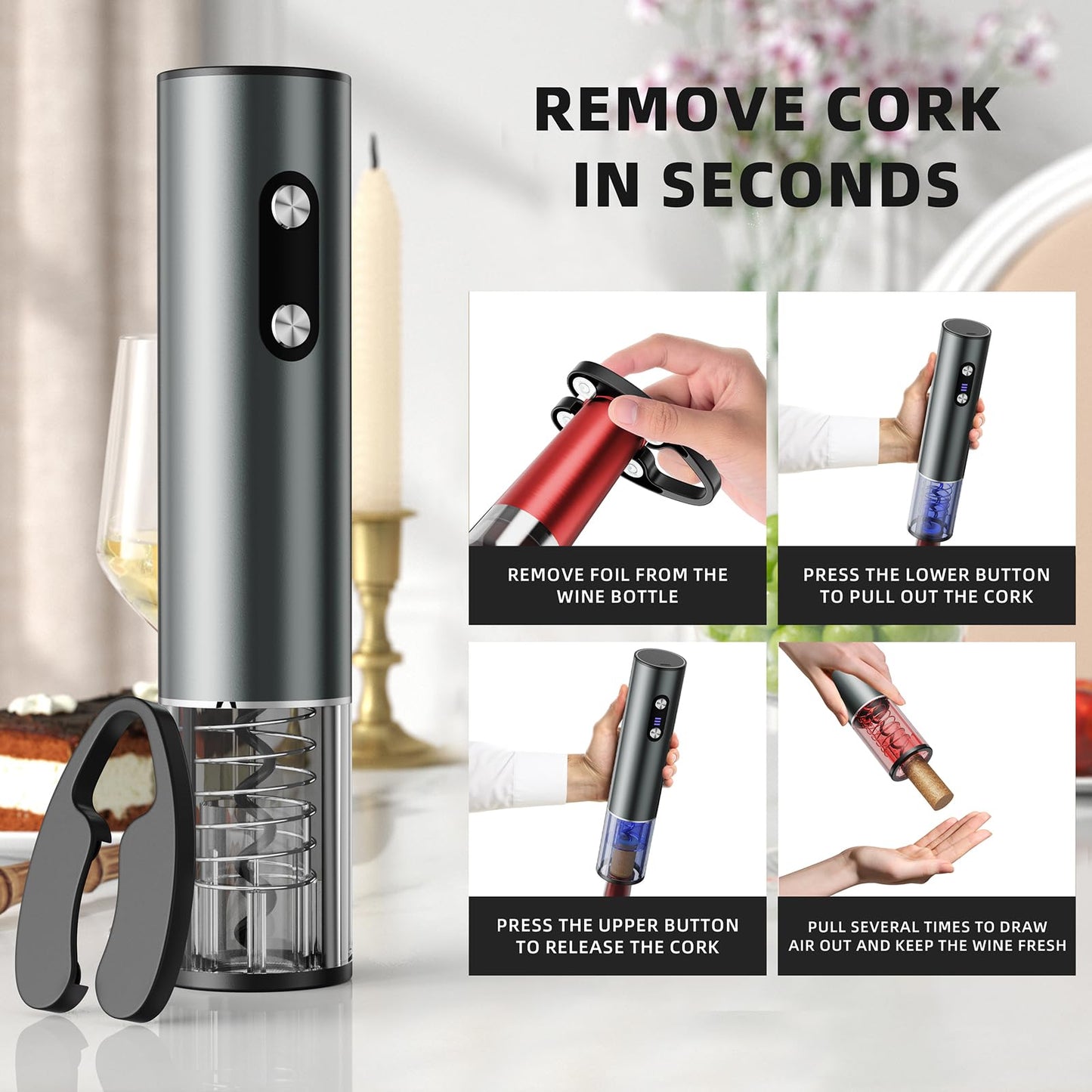 Newise Rechargeable Electric Wine Opener Gift Set: Wine Opener, Aerator, Vacuum Stoppers & Foil Cutter - Wine Lovers Gifts for Women Men, Mom