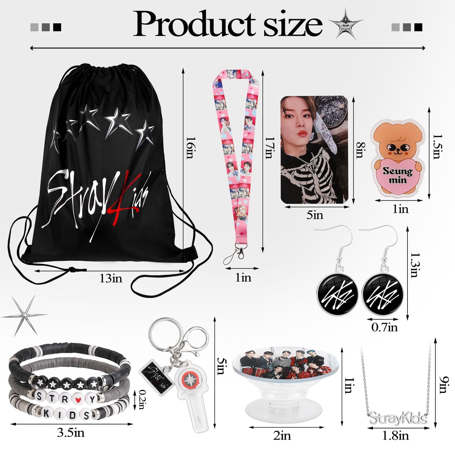 Japior Stray Kids Gifts Set,Including Drawstring Bag, 8 Cartoon Badges,50 Stickers,8 Photocards,3 Themed Bracelets, Necklace,Earrings, Keychain,Straykids Lanyards for Fans