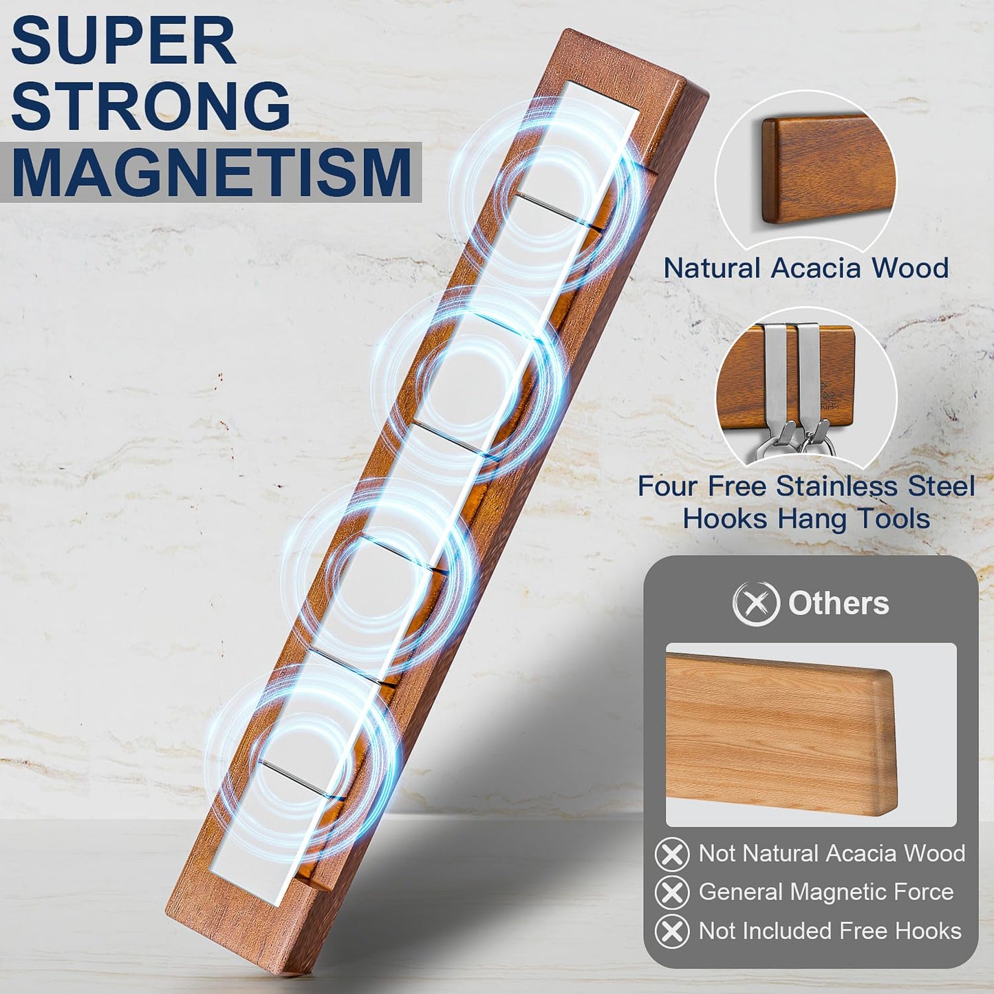 ENOKING 16 Inch Magnetic Knife Holder for Wall - Acacia Wood Knife Strip with Gold-Stamping Magnetic Gift Box - Powerful Knife Bar with 4 Hooks, No Drilling or Screw Mount