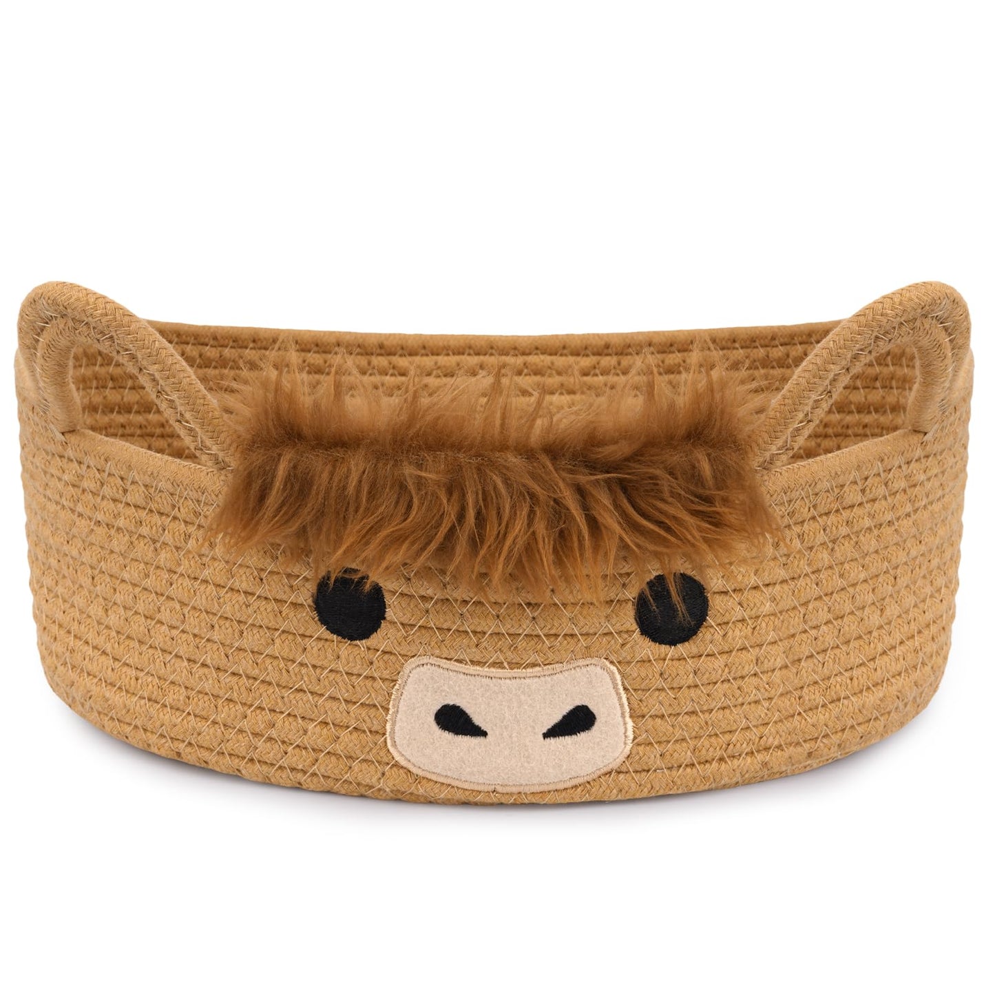 Hkojewp Oval Highland Cute Cow Basket for Nursery, Small Woven Gift Basket, Rope Cotton Storage for Gifts Empty, Baby Shower Blanket 0rganizer with Handles,Towel Decorative Bins, 12"D x 5"H in