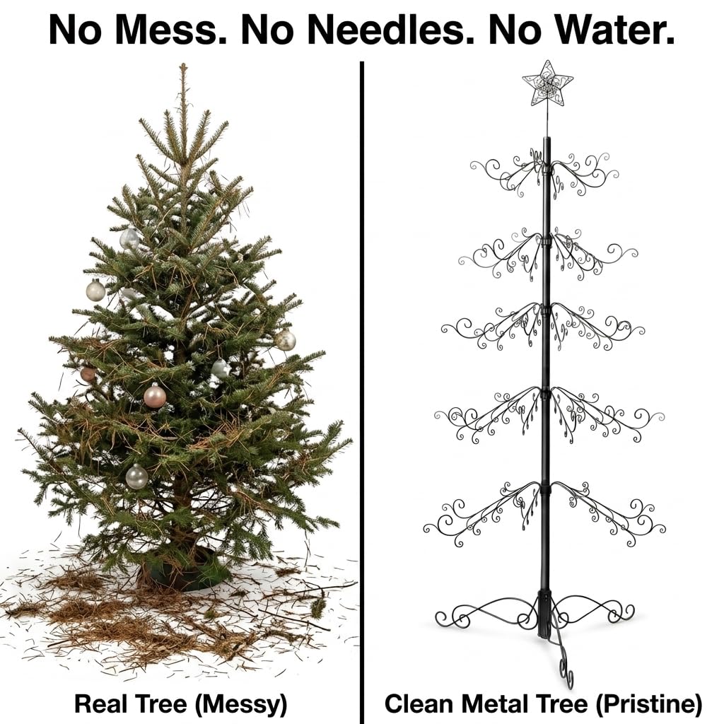 HOHIYA 6.5 Ft Wrought Iron Christmas Tree Alternative 174 Hooks Metal Ornament Display Stand Large Heavy Duty Holiday Decoration Holder for Christmas Halloween Wedding Home Decor Black