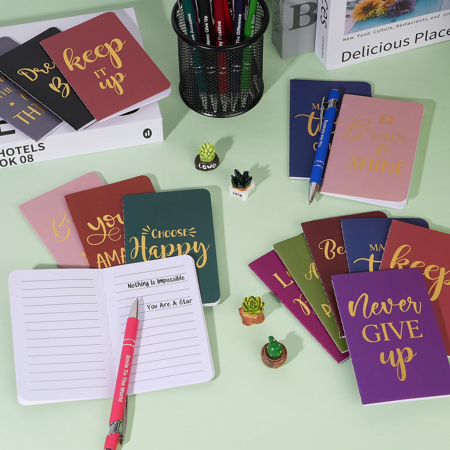 48 Pcs Bulk Motivational Pens Inspirational Notepads Set, Small Pocket Motivational Quote Notebooks and Ballpoint Pens, Mini Journals Gift Set for Kids Students Teachers School Office Prizes Supplies