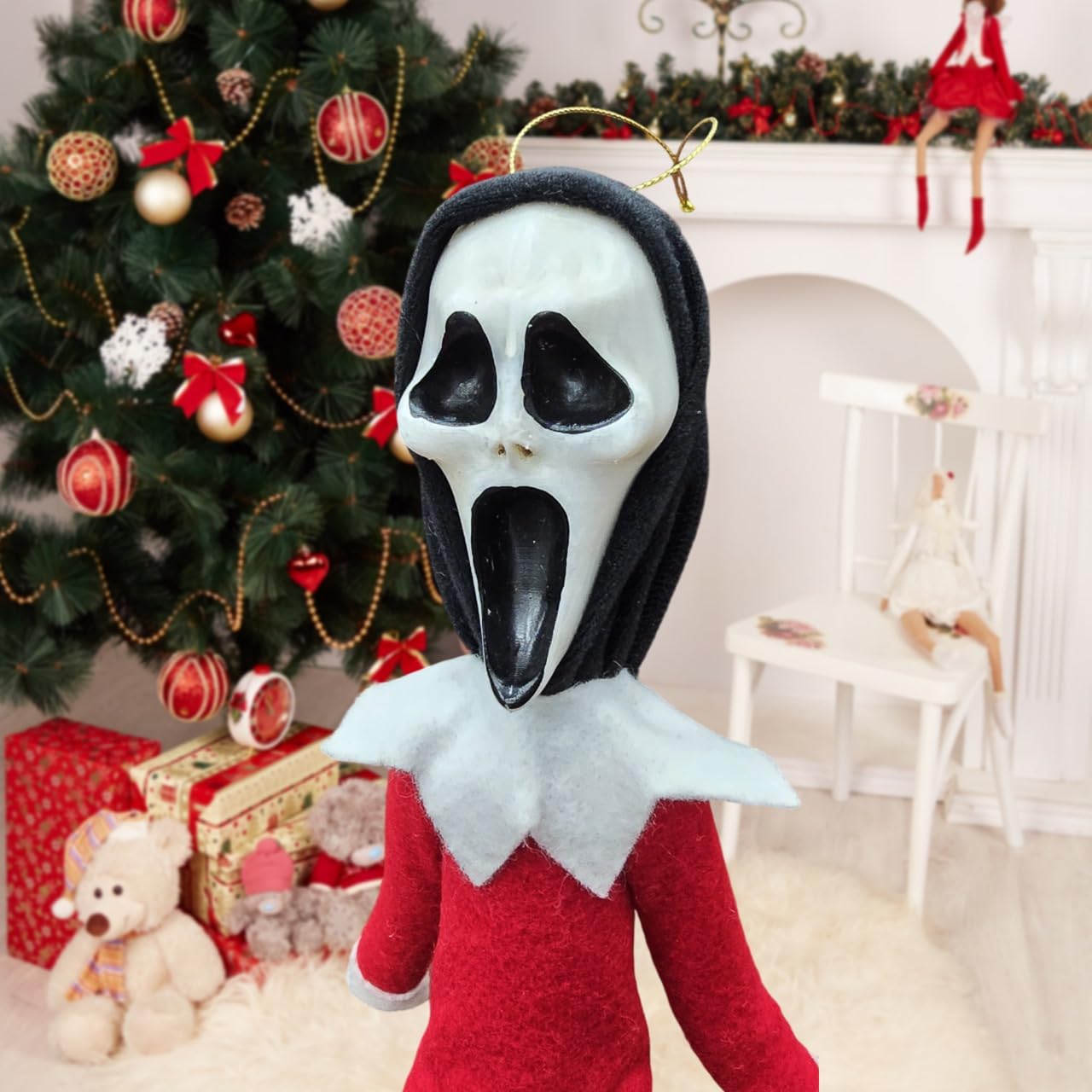 Party Monkeys Bend and Pose Creepy Ghost Masked Elf Decoration 35cm – Handmade Horror-Inspired Ornament for Christmas, Halloween & Holiday Party Décor – Spooky Collectible with Sinister Expression