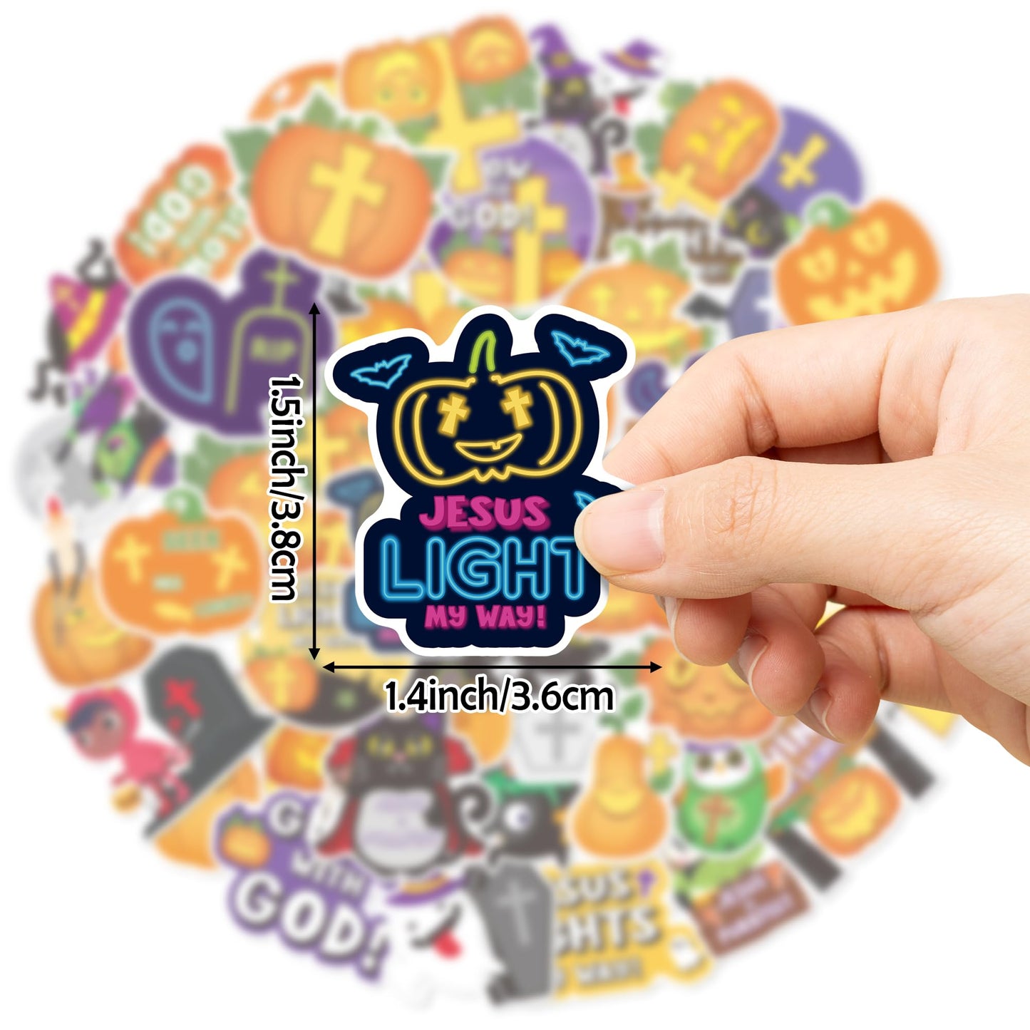 ANGOLIO 50Pcs Halloween Stickers for Kids, Cute Cartoon Pumpkins Witch Black Cat Christian Crosses Vinyl Waterproof Decals for Water Bottles Notebooks Laptop