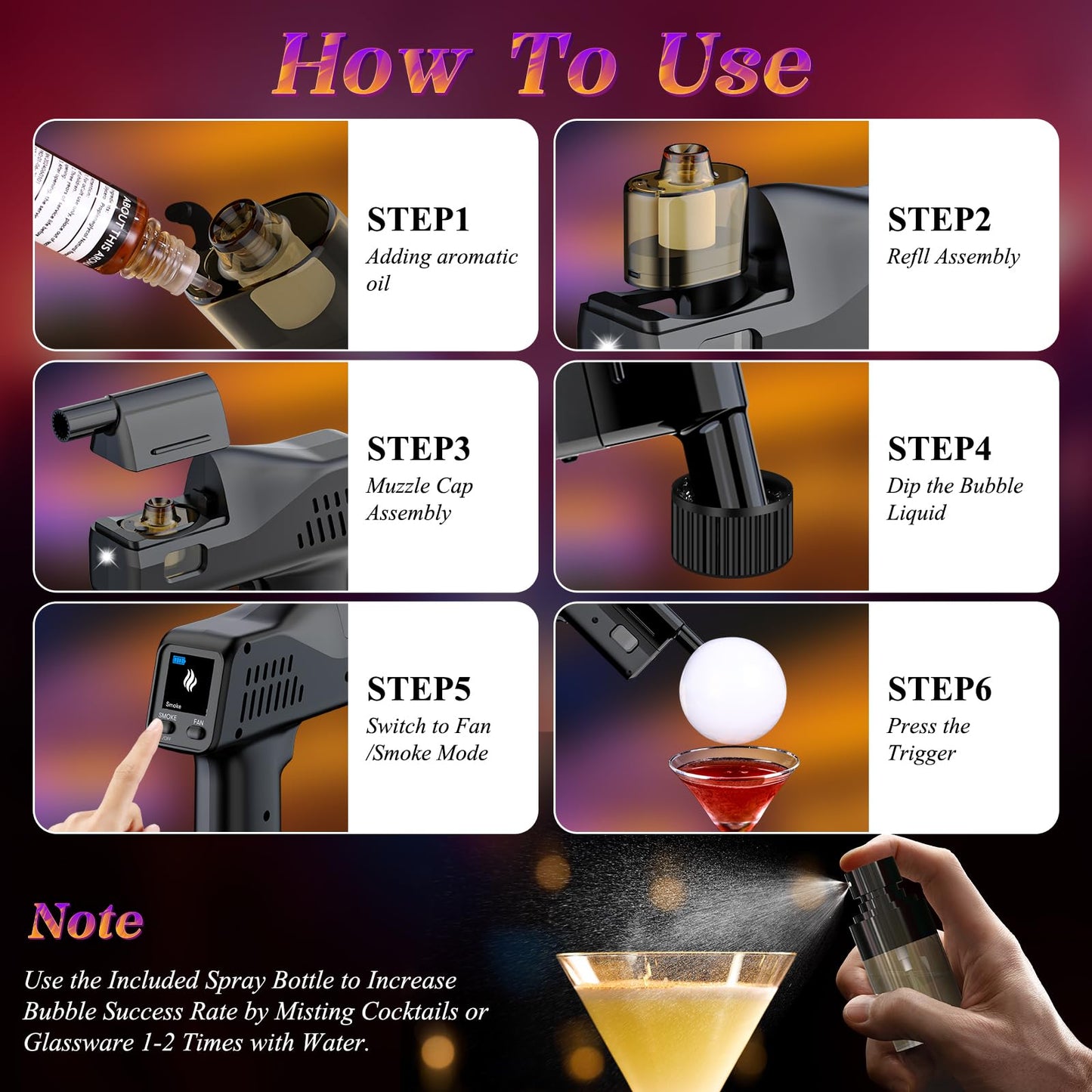 Electric Cocktail Smoke Bubble Gun Kit - Aroma Blaster with 4 Flavor Oils & Edible Bubbles | 5000mAh Rechargeable, Color Screen | Smoker for Whiskey, Food, Drinks | Great Gift for Dad, Men, Bartender