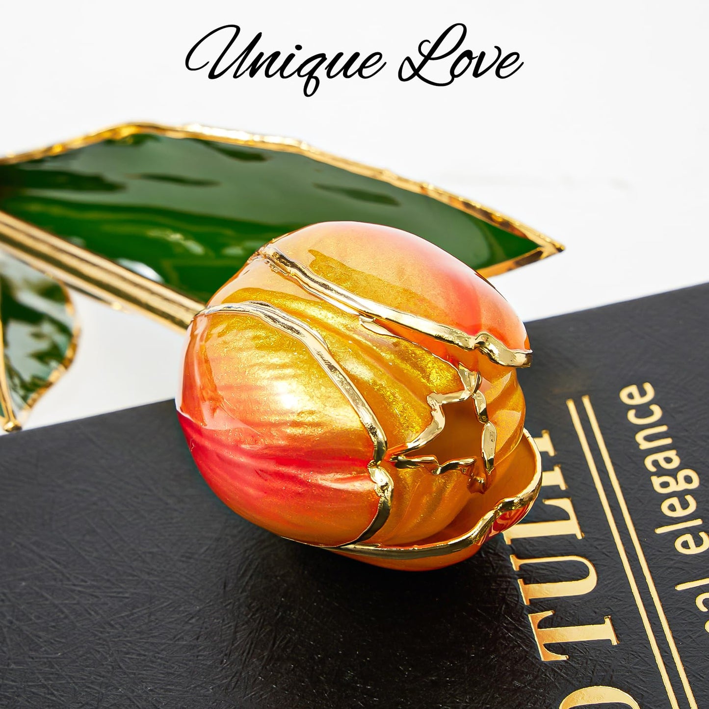 Mikasol 24K Gold Dipped Real Tulip – Amber Glow, Warm Forever Flower with Book-Style Gift Box & Butterfly Stand, Perfect for Her, Wife, Mom, Birthday, Anniversary
