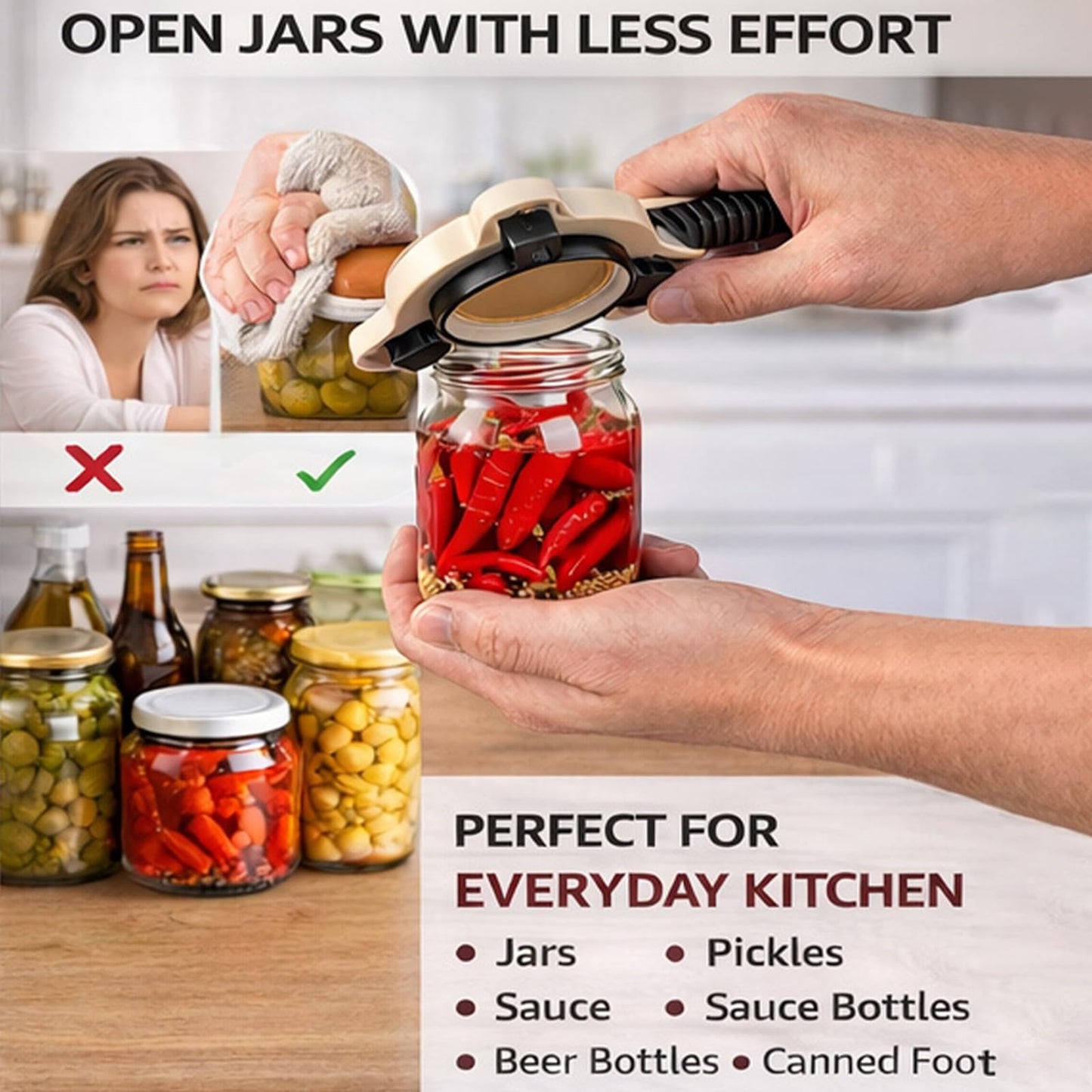 4-in-1 Jar Opener, Ergonomic Stainless Steel Jar Opener (Gray/Purple/Black), Adjustable Jar Opener Fits 1-3.5 Inch Lids, Jar Openers Top Rated For Seniors & Arthritic Hands(Black)