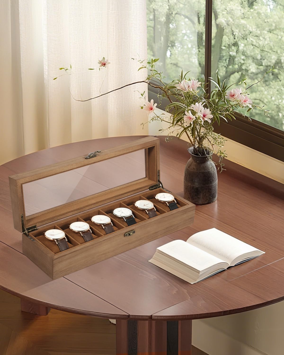 Uten Solid Wood Watch Box, 6 Slot Watch Case with Soft Pillow, Watch Display Case with Glass Lid, Watch Holder Organizer, Watch and Jewelry Storage, Gift Ideas, Brown
