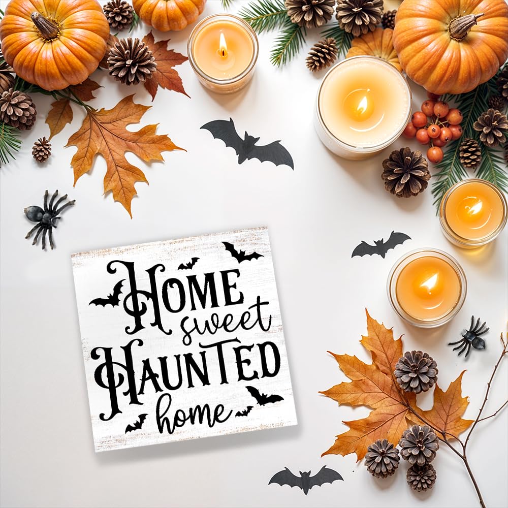 Sixrip Home Sweet Haunted Home Halloween Wooden Box Sign, Funny Halloween Office Desk Decor for Family Friend Coworker, Bat Wooden Box Sign Plaque for Shelf Bathroom Table Indoor