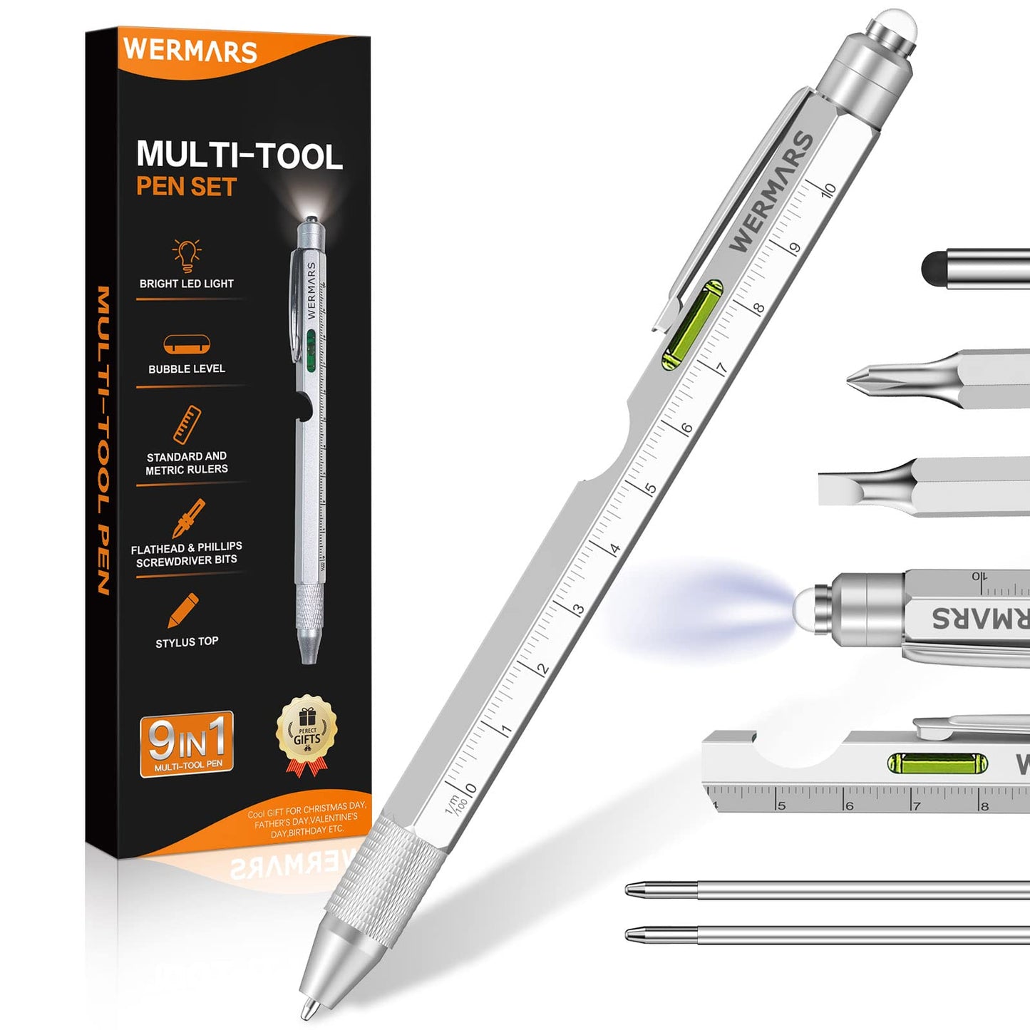 Fathers Day Men Gifts for Him, 9 in 1 Multitool Pen, Birthday Gift for Men Who Have Everything,Fathers Day Dad Gifts for Husband Grandpa Boyfriend,Fathers Day Gift from Daughter (Silver)