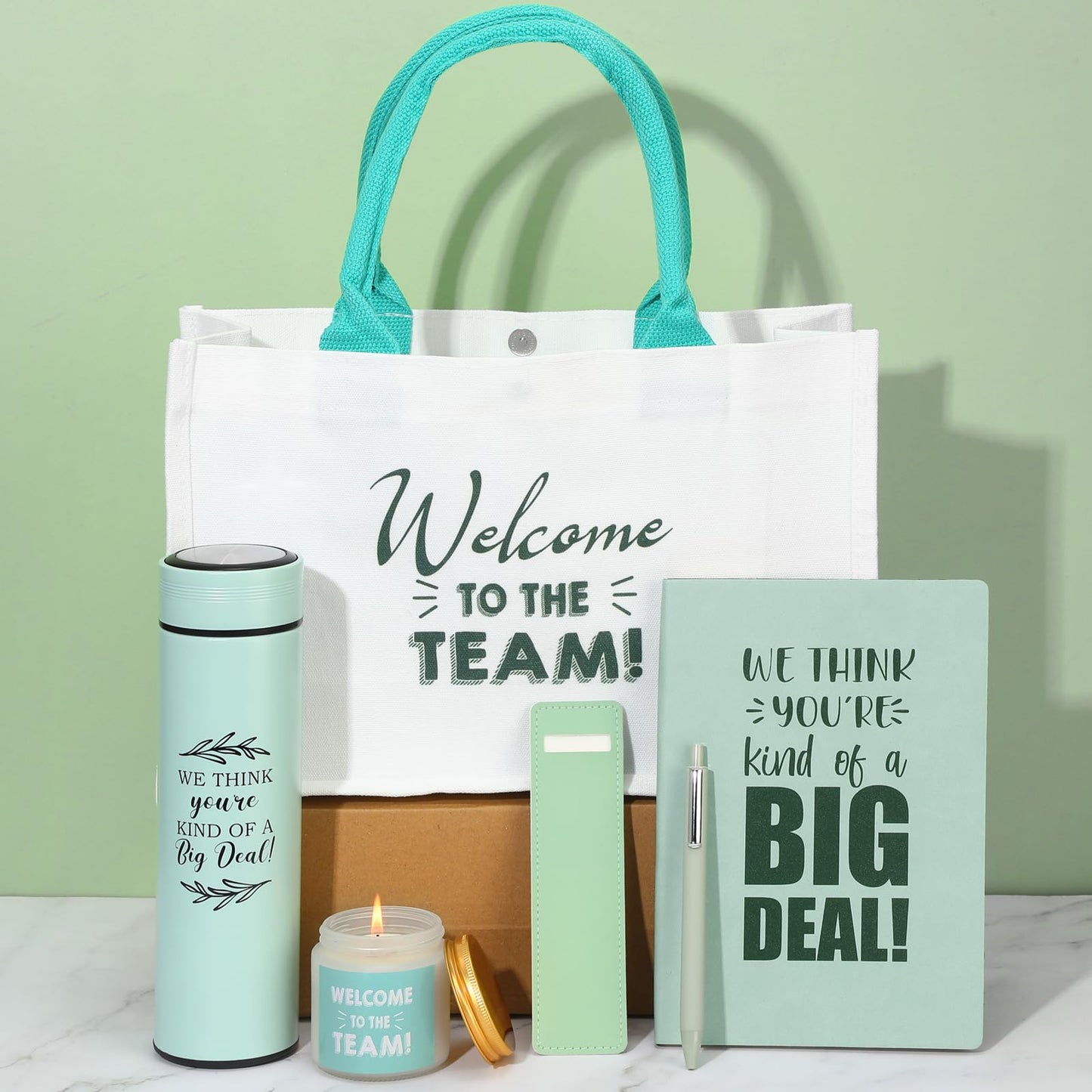 Thenshop 6 Pcs Welcome to the Team Gift Set, New Employee Welcome Gifts Including Tote Bag, Notebook, Pen, Scented Candle, Tumbler, and Pen Cover for Men Women New Employees, Coworkers(Sage Green)