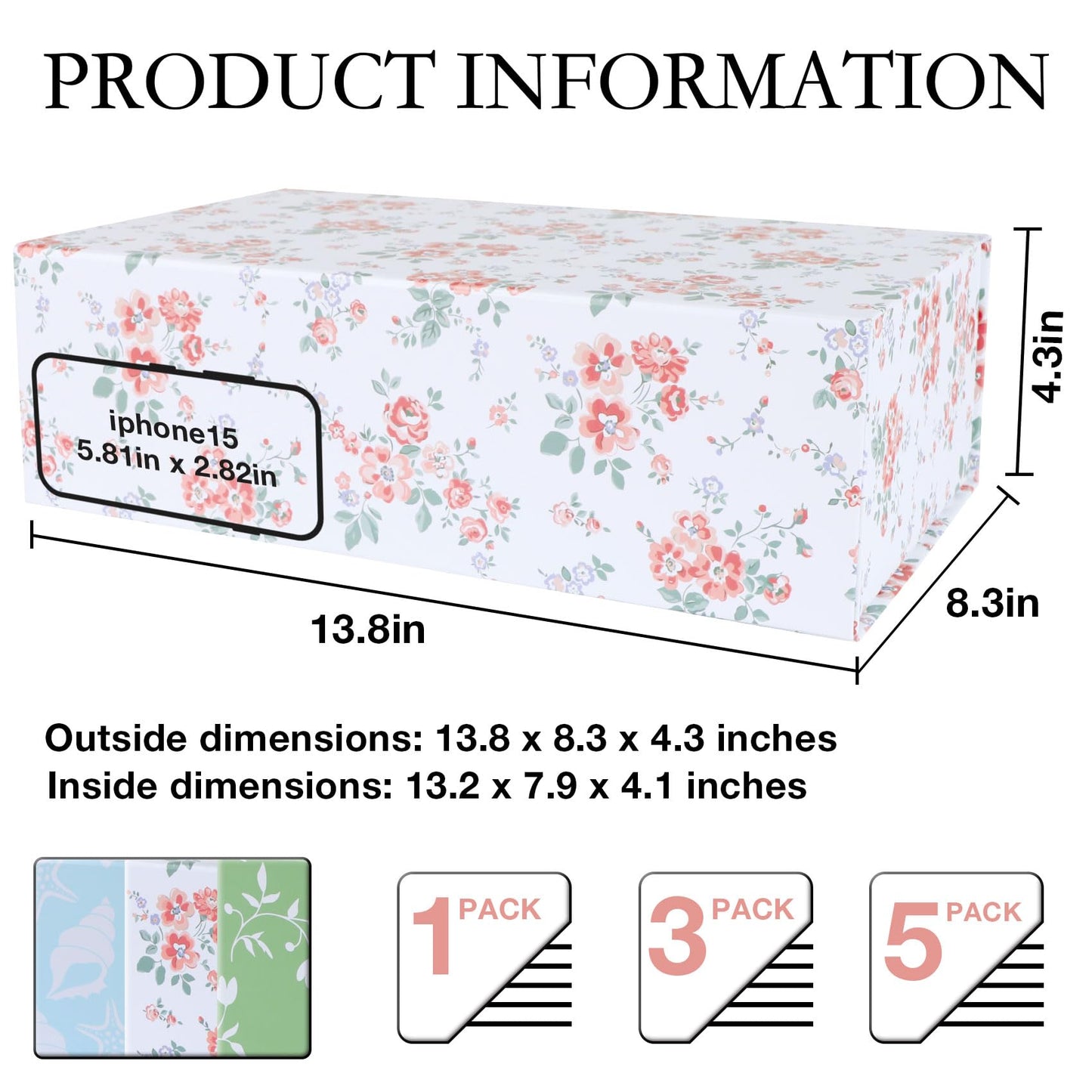 LFBOX Rose Floral Gift Box with Magnetic Lids 13.8x8.3x4.4 in, Large Bridesmaid Proposal Boxes, Rectangle Wedding Decorative Storage Box 5 Pack