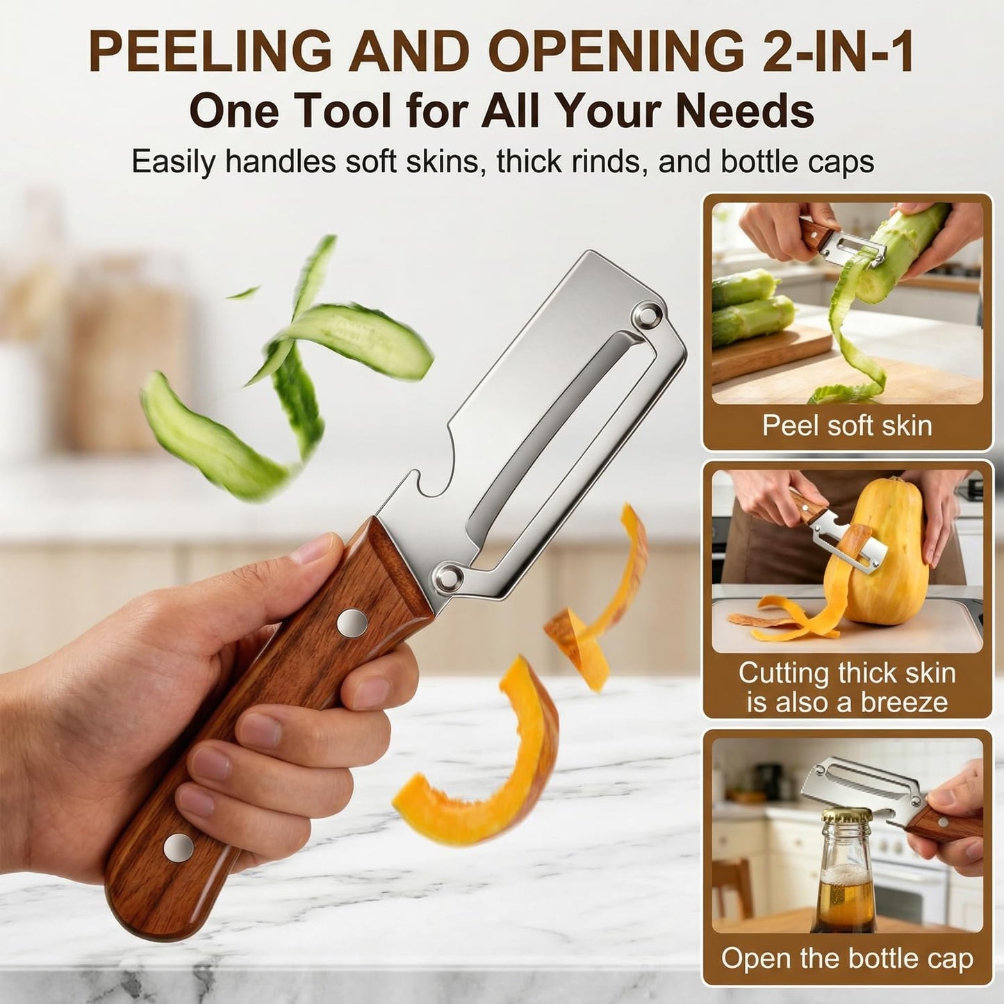 MultiFunctional Vegetable Peeler for Kitchen, Vegetable Peeler with Wooden Handle and Bottle Opener, 2-in-1 Stainless Steel Kitchen Peelers for Fruit Veggie Apple Potato Pumpkin Papaya(2PCS)