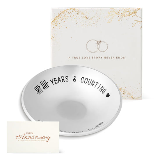 Urllinz 10 Year Anniversary Tin Gifts for Him - 10th Wedding Anniversary Jewelry Tray for Wife Couple Husband Her, Sliver Ring Holder Dish & Card & Gift Box, 4"