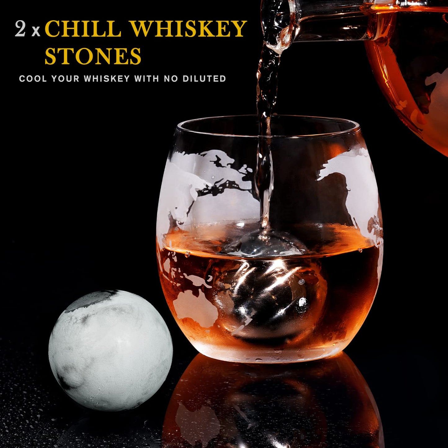 PONPUR Gifts for Men Dad Valentines Day, Whiskey Decanter Globe Set with 2 Ball Stones & 2 Glasses, Anniversary Birthday Gifts for Him Husband Boyfriend Brother, Cool Stuff Gift for Bourbon Scotch