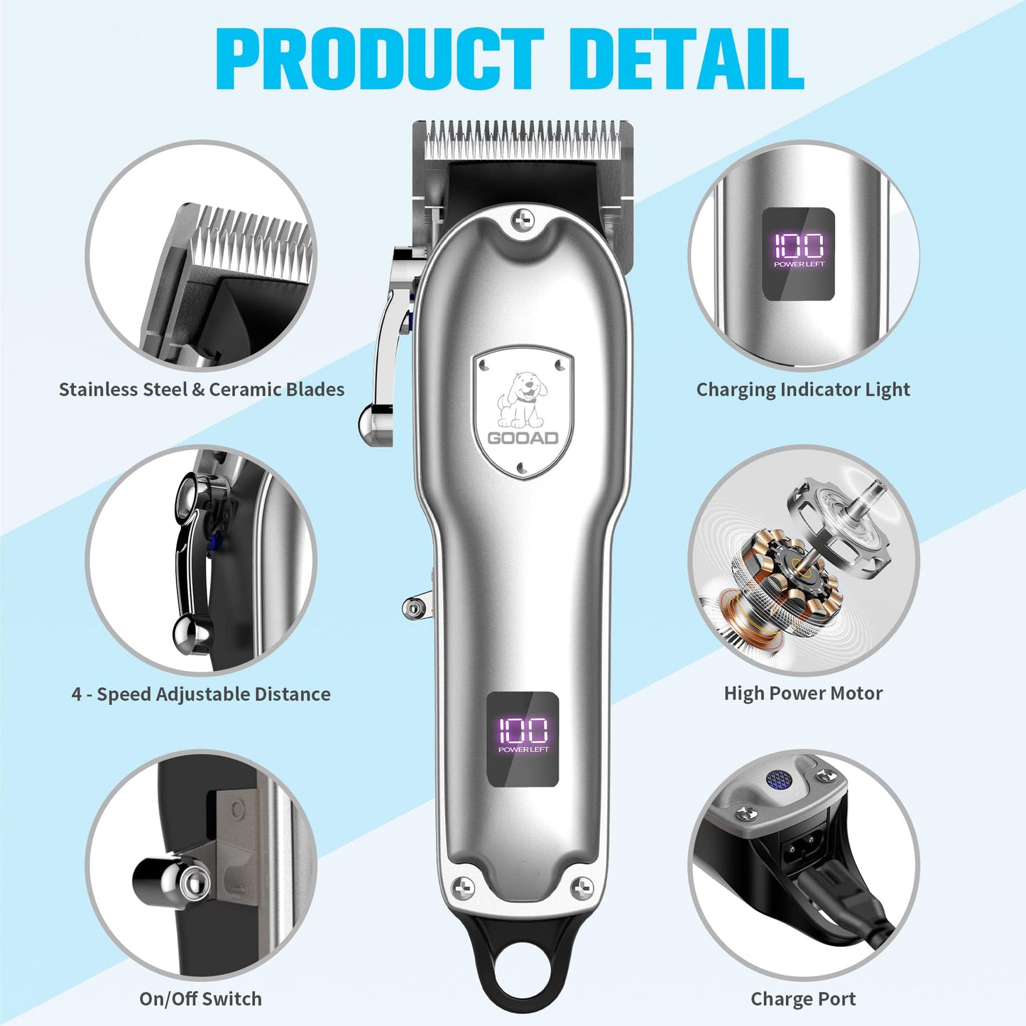 Gooad Dog Clippers for Grooming for Heavy Thick Hair&Coats,Low Noise Dog Hair Trimmer,Rechargeable Cordless Pet Shaver with Stainless Steel Blade, Dog Grooming Kit for Small Large Dogs Pets (Sliver)
