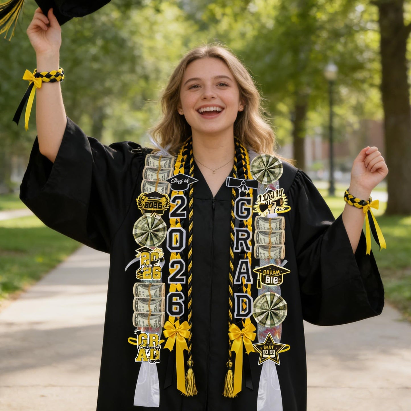 Hamdwerk Candy Leis for Graduation 2026, 36Pcs Graduation Leis Class of 2026, Graduate Ribbon Lei Making Kits with Honor Cord Patches Cards, Black Gold Double Lei Necklace Decorations Graduation Gift