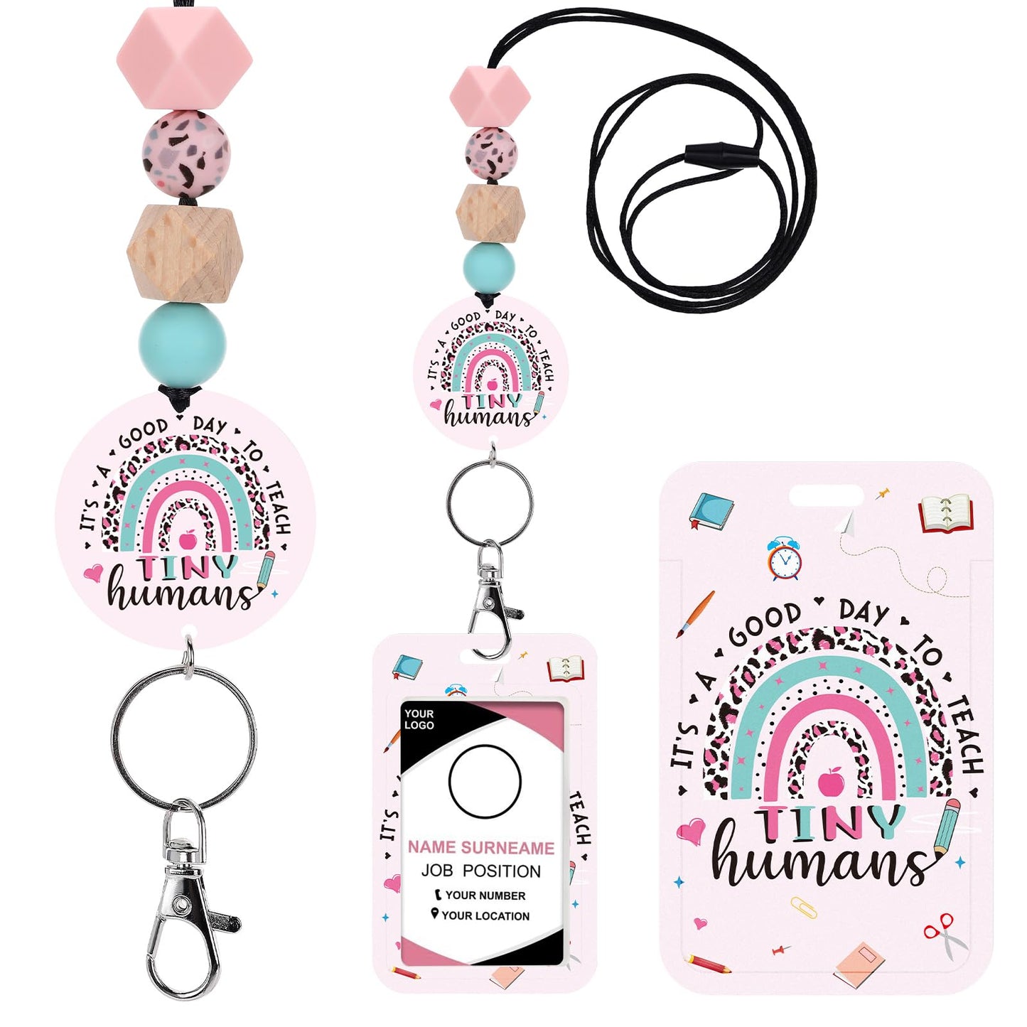Obookey Teacher Lanyard Badge Holder Teacher Lanyard with ID Holder, Rainbow Leopard Print Tiny Humans Silicone Beaded Breakaway Keys Accessories Back to School Teachers Appreciation Gifts for Women