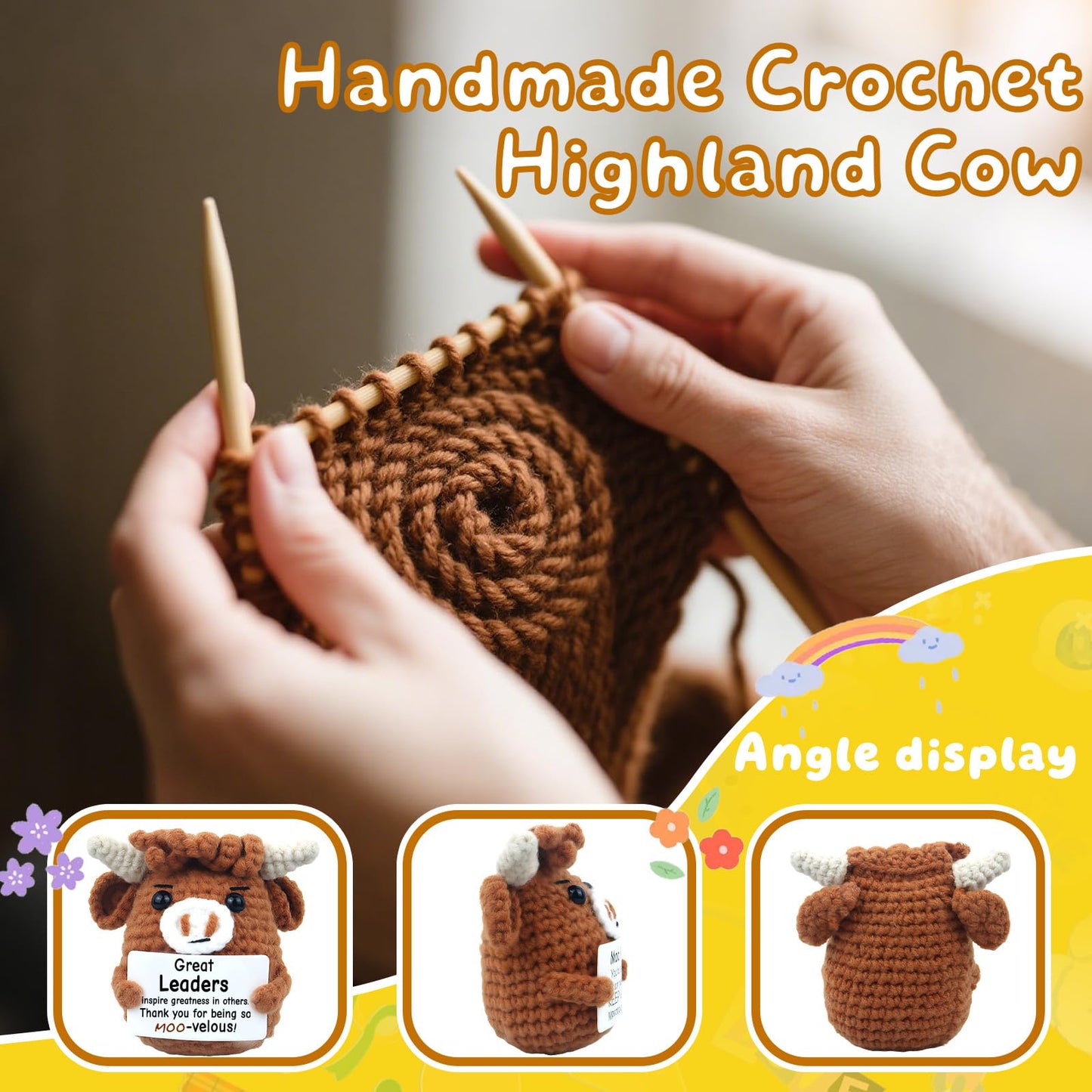 Roqei Handmade Crochet Highland Cow Boss Gift - Motivational Thank You Gift for Men & Women Managers Supervisors | Cute Office Desk Decor for Bosses Day, Birthday, Promotion, Christmas Appreciation