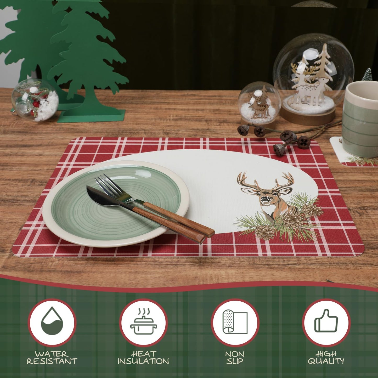Casaido Christmas Plaid Placemats, Table Placemats Set of 6, with Coasters Waterproof Place Mats, Heat Resistant,Easy Clean Non-Slip Place Mats, Checkered Placemats,Anti Slip Dining Table Place Mats