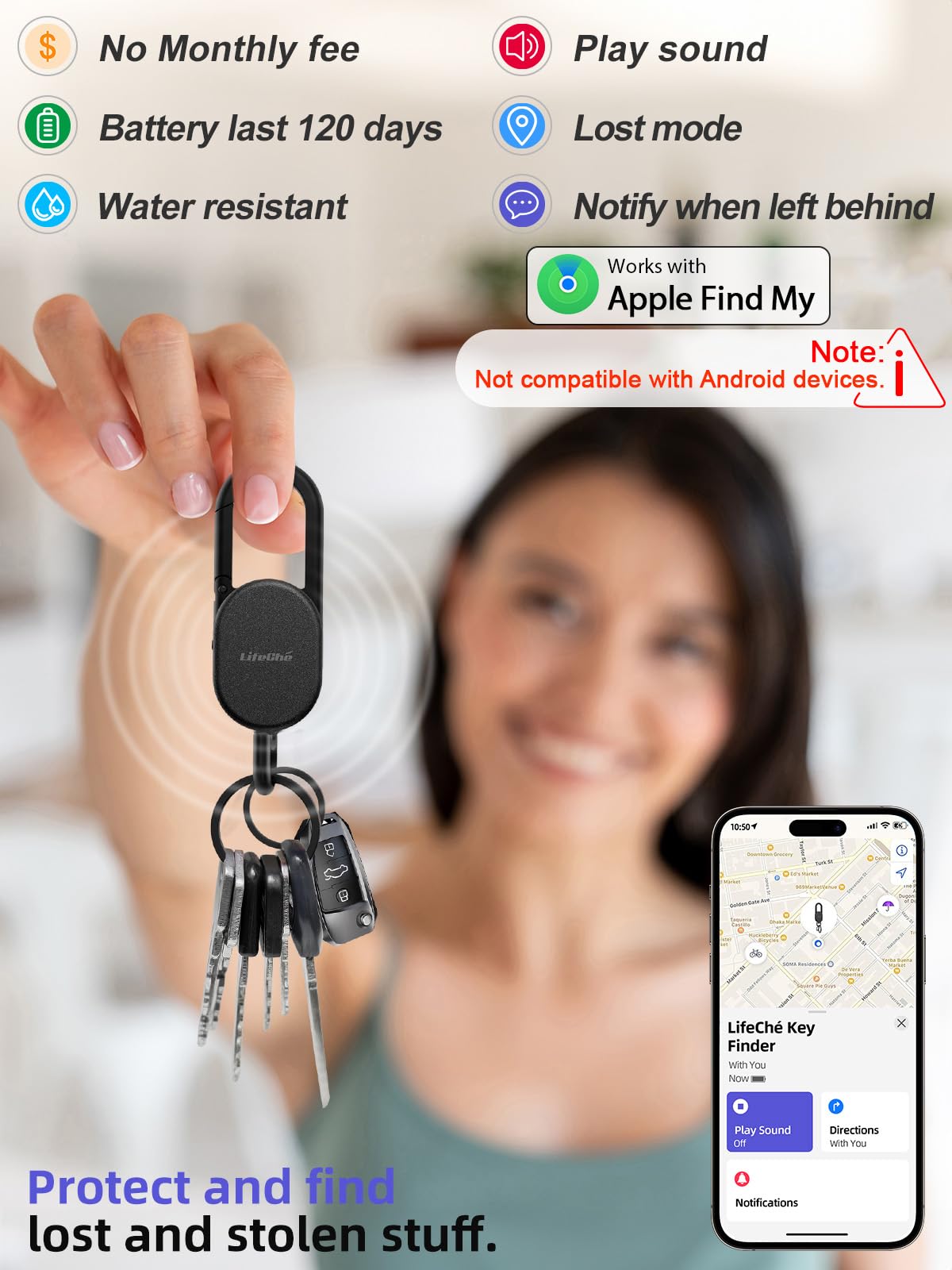 Keychain, Key Finder Built-in Anti-Loss Tracker, Heavy Duty Key Holder, Premium Stainless Steel Keychain Carabiner Car Key Chains with GPS Global Locator Tracking Waterproof (Black)