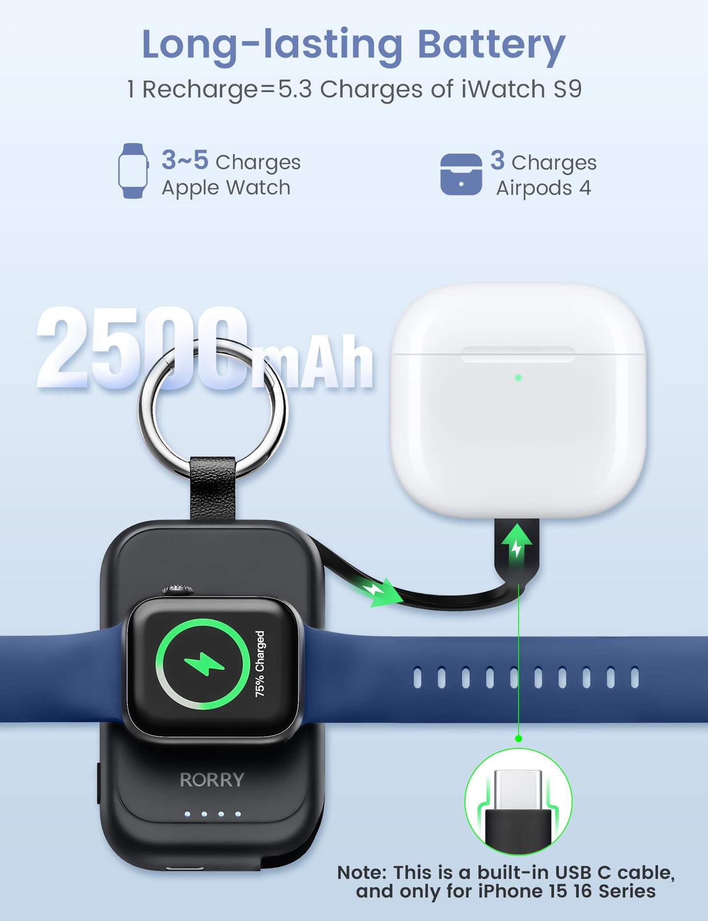 RORRY Portable Charger for Apple Watch, 2500mAh Fast Charging for iWatch Charger, Travel Essentials Gifts with Built-in USB C Cable for Apple Watch Series 11 10 9 8 7 Ultra 3 2 SE Accessories, Black