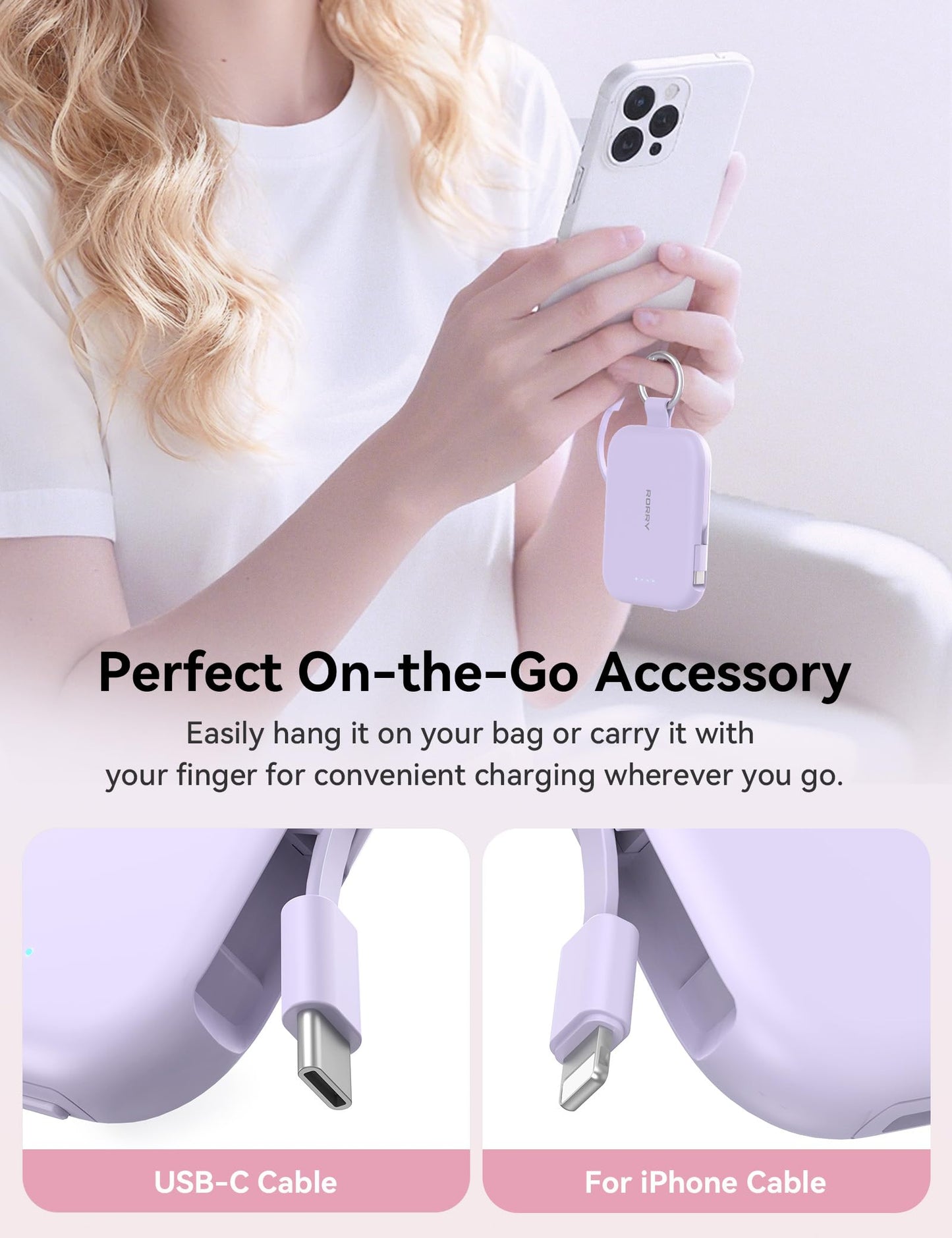 RORRY Portable Charger, 5000mAh Portable Charger Power Bank with Built-in Cables, Travel Keychain Charger Battery Pack for iPhone 17/16/15/14/13/12, for AirPods 2/3/4/Pro, Purple