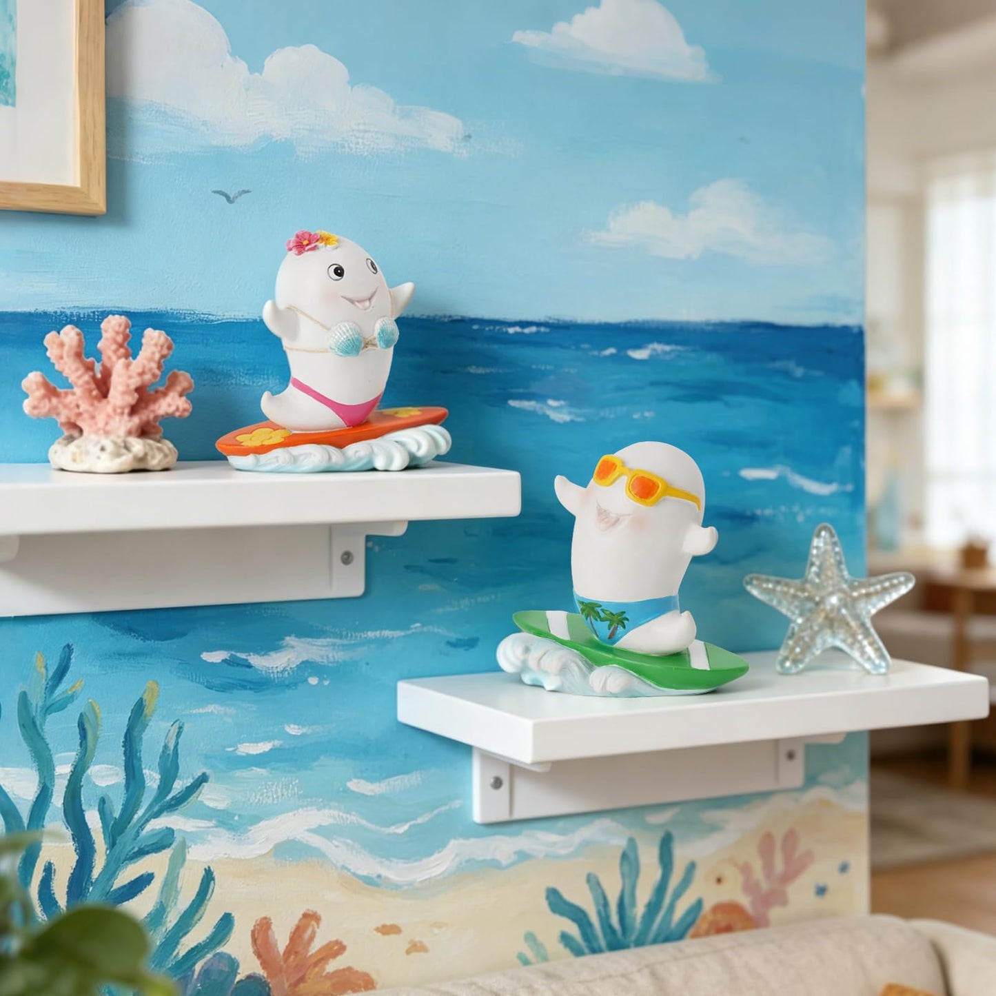 DiliComing Summer Decorations Ghost Halloween Decor - Resin Set of 2 Cute Ghost Figurine for Pool Beach Shelf Desktop Tropical Party Halloween Summerween Gifts Outdoor Decor 4 x 2 x 4 Inch