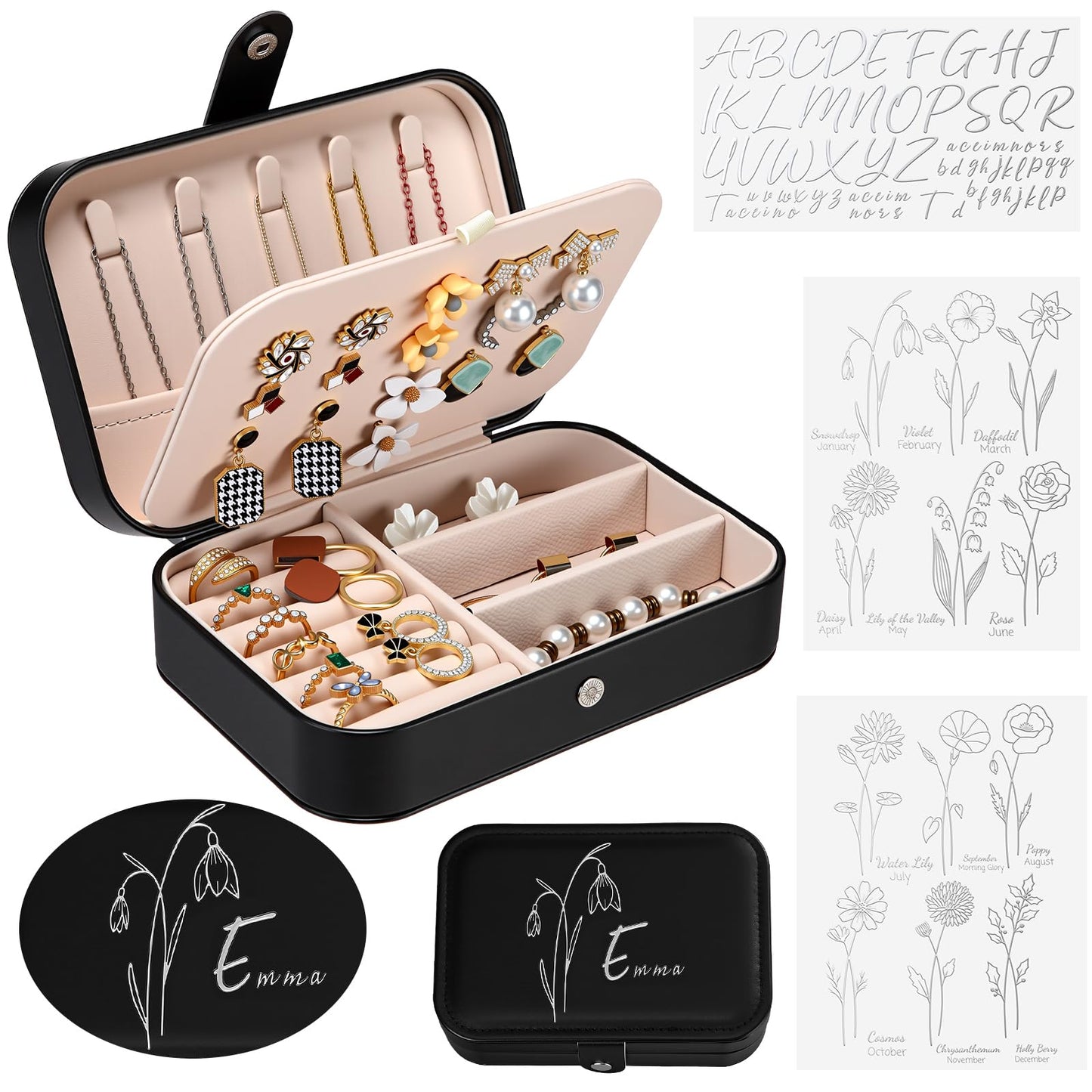 BrightRow Personalized Leather Jewelry Box Bridesmaid Gift Jewelry Organizer with Name & Birth Flower Decal Custom Travel Jewelrys Case Bachelorette Wedding Party Favors Birthday Gift for Women Girl