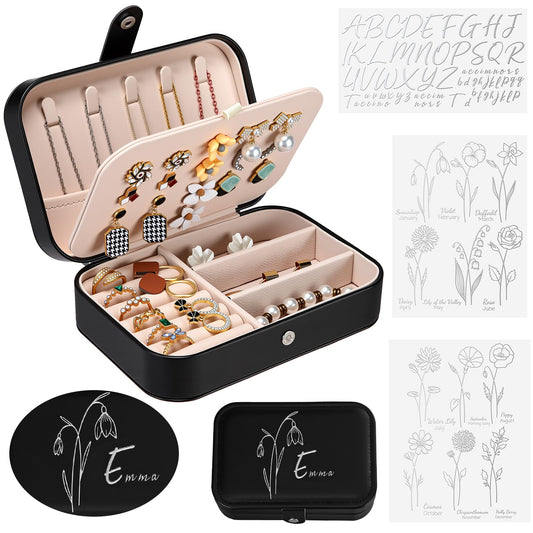 BrightRow Personalized Leather Jewelry Box Bridesmaid Gift Jewelry Organizer with Name & Birth Flower Decal Custom Travel Jewelrys Case Bachelorette Wedding Party Favors Birthday Gift for Women Girl