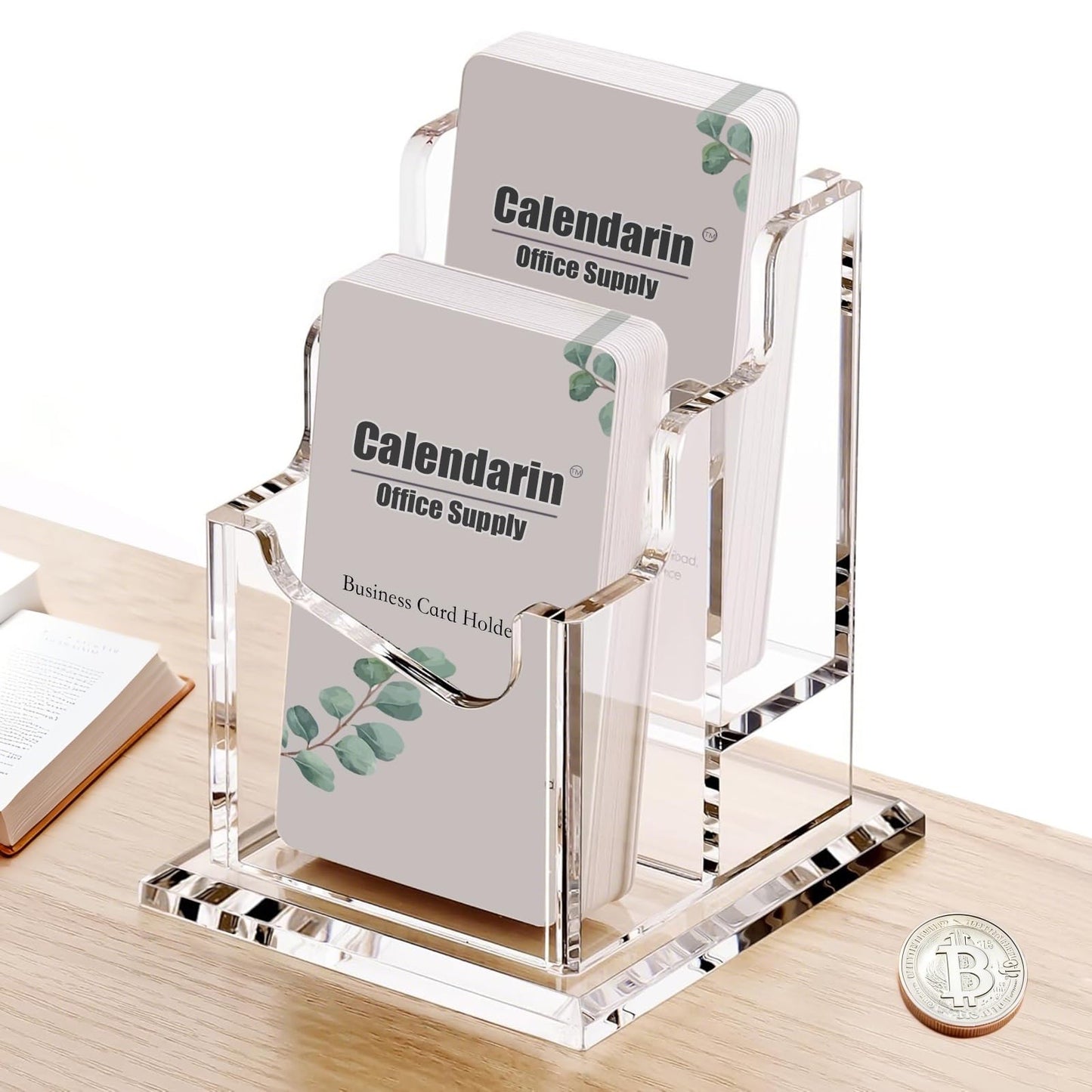 Calendarin Acrylic Business Card Holder for Desk, Clear Business Name Card Display Card Organizer, Morden Desk Accessory Supply for Office, Vertical (2-Slot)