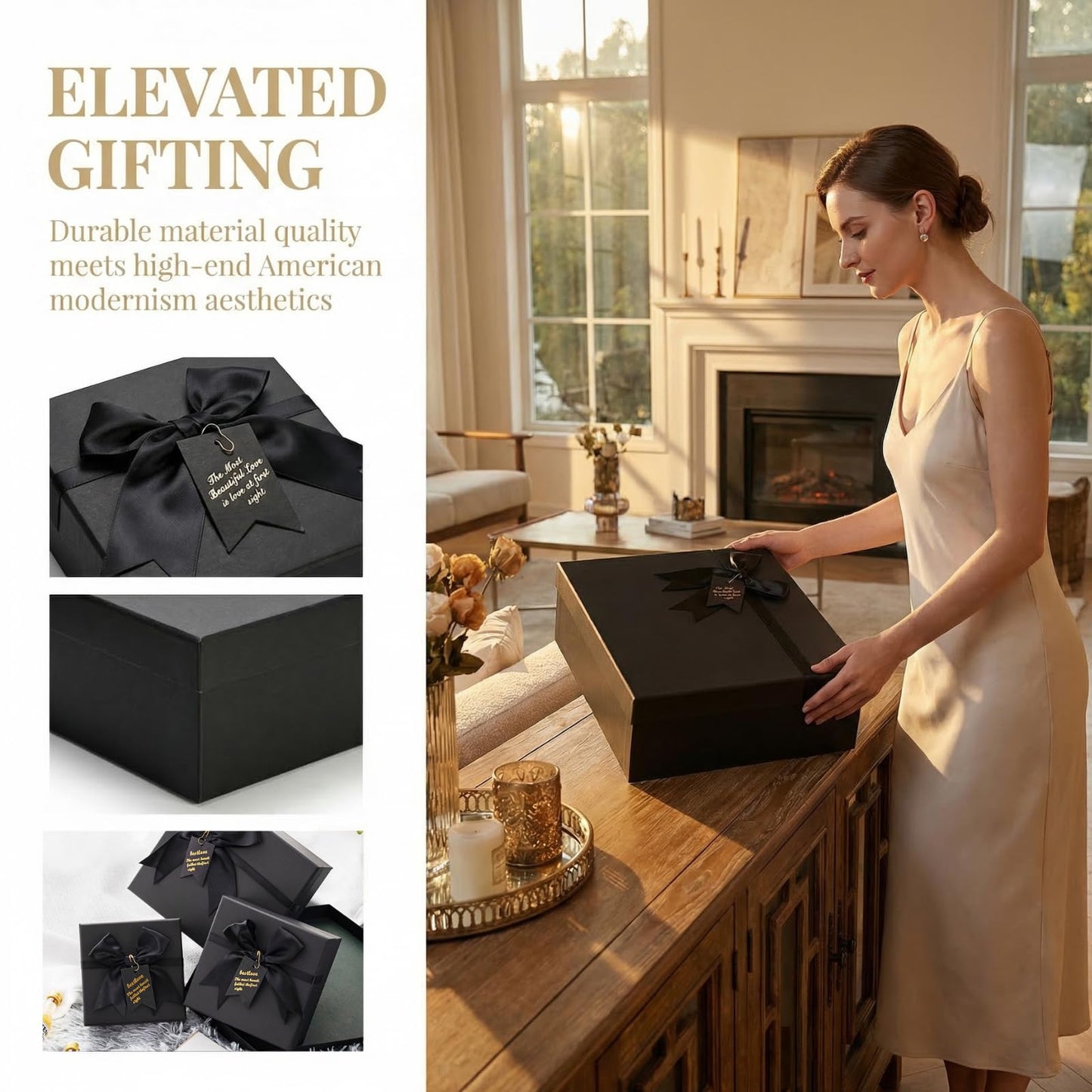 ZENFUN 5 Pack Black Nested Gift Boxes with Lid for Valentine's Presents, 5 Sizes Luxury Packaging Box with Ribbon Bows and Label Gift Wrap for Thanksgiving Birthday, Weddings, Mother's Day 13.7'' to 5.1''