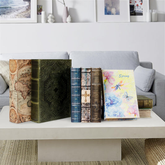 DROFELY Decorative Book Box:Vintage Style Fake Box - Faux Leather Embossing Box,12" Large Size Retro Green Book Storage Box 2-06