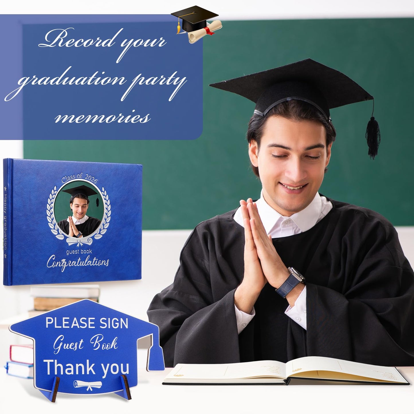 Pasimy Leather Graduation Guest Book with Grad Stand and Signature Pen 2026 Guest Sign in Book Grad Memory Registry Guestbook for College High School Graduation Party Gifts Supplies(Blue Silver)