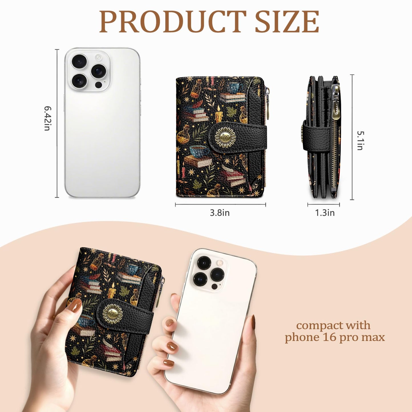 Icycay Book Witchy Wallet Women Small RFID Blocking Bifold, Credit Card Holder, Zipper Coin Pocket, PU Leather, Compact, Travel, 4 ID Window, 14 Card Slots, Cash Purse, Ladies Woman Female Girls
