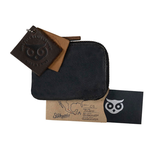 Hide & Drink, Full Grain Leather Zippered Card Wallet for Men and Women, Coin Pouch, Money Holder, Pocket Organizer, Handmade, Charcoal Black