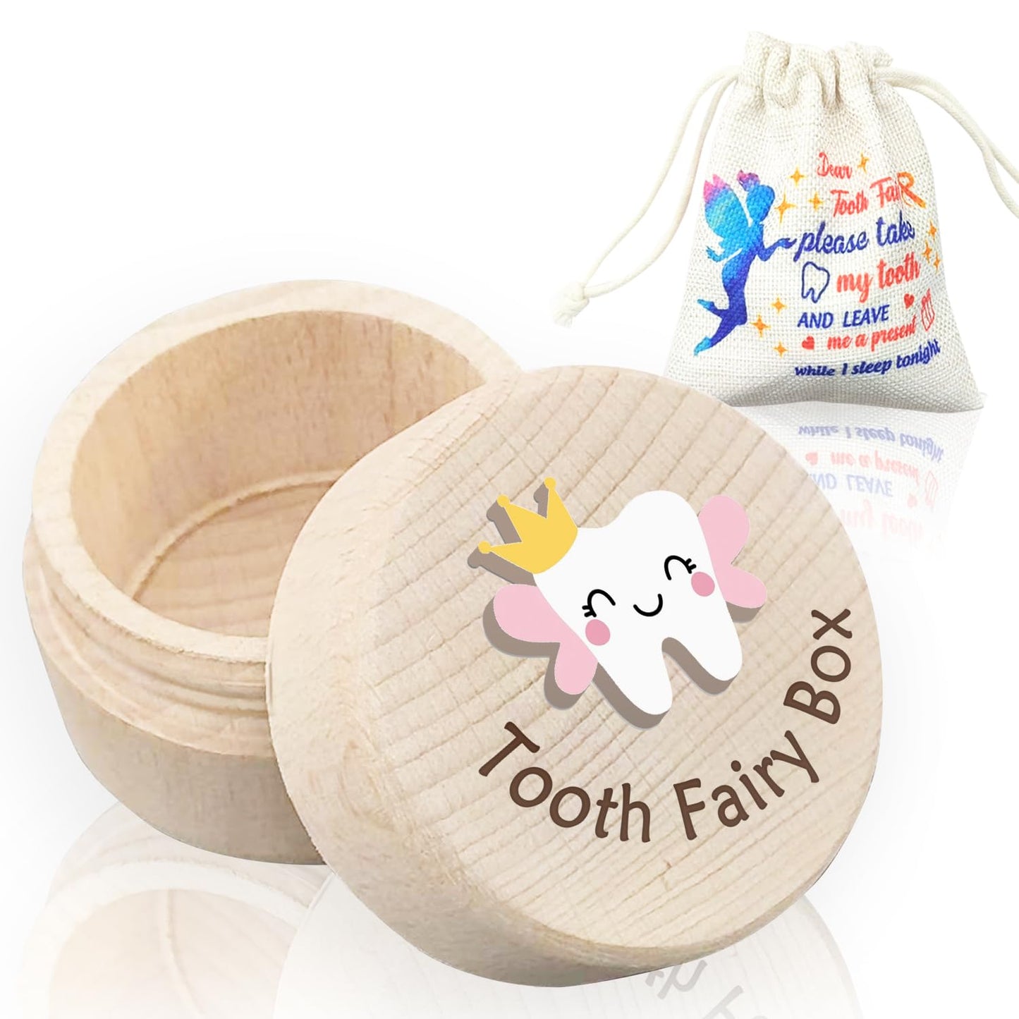 Azbuk Tooth Fairy Box for Girls with Fiary Bag, Cute Carved Wooden Box with 3D Tooth, Stores Lost Teeth for Kids, Souvenir Dropped Tooth Keepsake Storage Box Gift for Little Girl