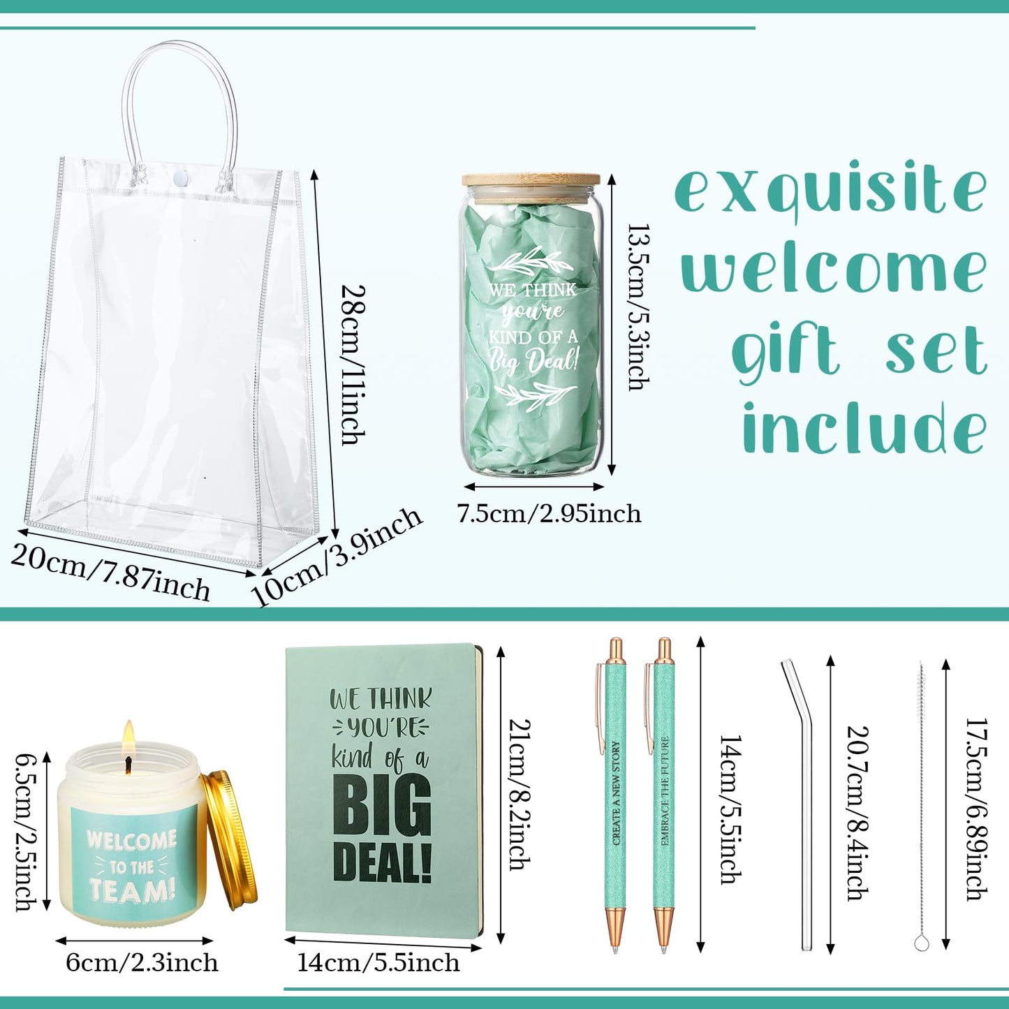 Thenshop 6 Pcs Welcome to the Team Gifts Bulk for New Employee Inspirational Glass Tumbler Notebook Pens Scented Candle with PVC Bag Employee Appreciation Gift Set for New Coworker Office (Sage Green)