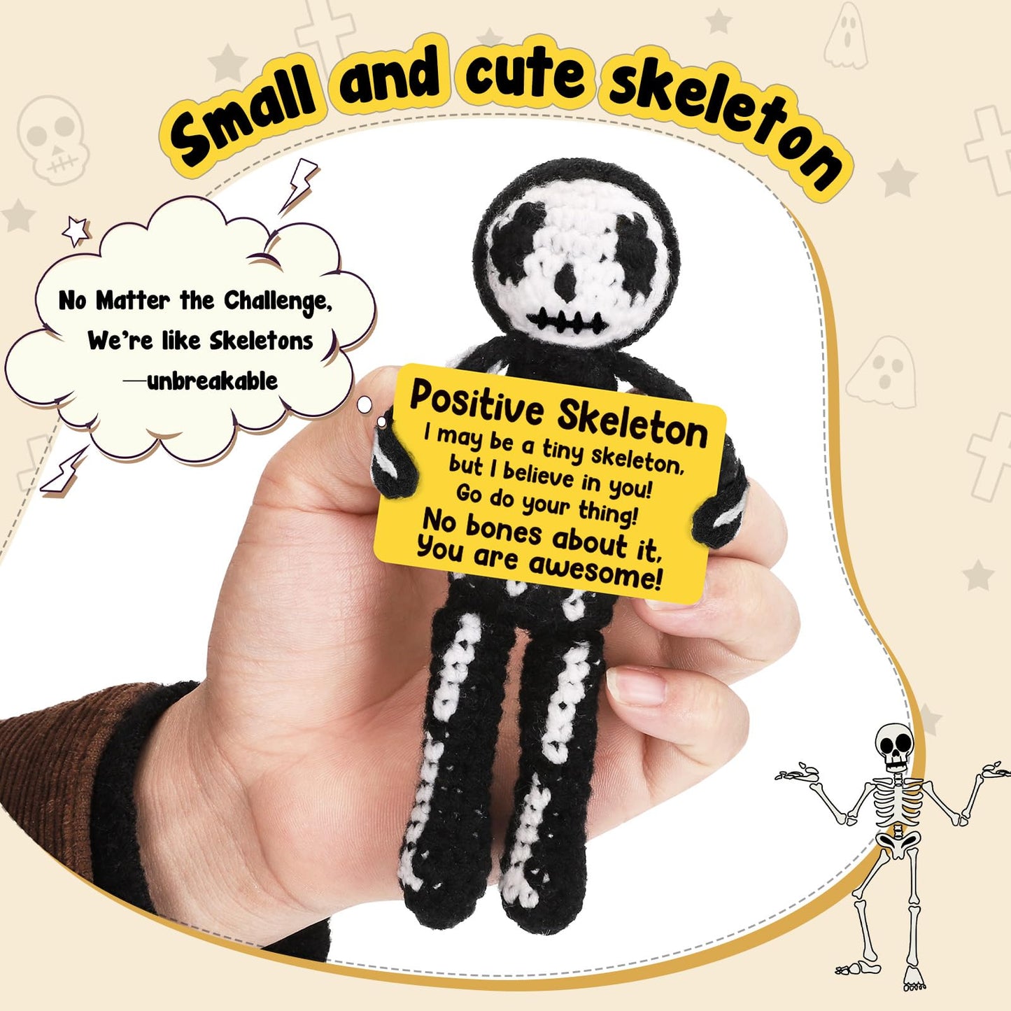 Hweijm Positive Skeleton Skull Christmas Stocking Stuffer Crochet Gag Gift, Spooky Cute Mini Collectible for Teens Women Men Friends, White Elephant Exchange, Secret Santa Gift, Skeleton Desk Decor