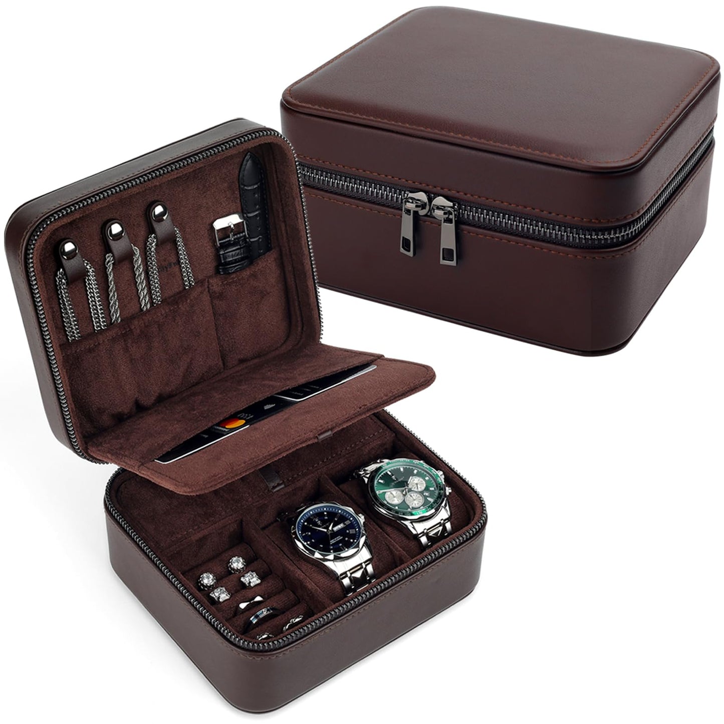 Lumayina Travel Watch Case for Men, Watch Box with Ring Rolls & Accessory Compartments, PU Leather Portable Men's Jewelry Organizer, Fits up to 50mm Watches, Gift for Him (Large – 2 Slot)