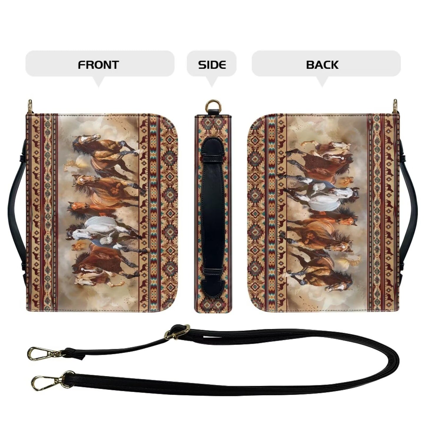 Sktodyaw Large Capacity Bible Book Cover with Horse Navajo Aztec Tribal Print, PU Leather Bible Case with Detachable Strap, Essential for Church,2XL