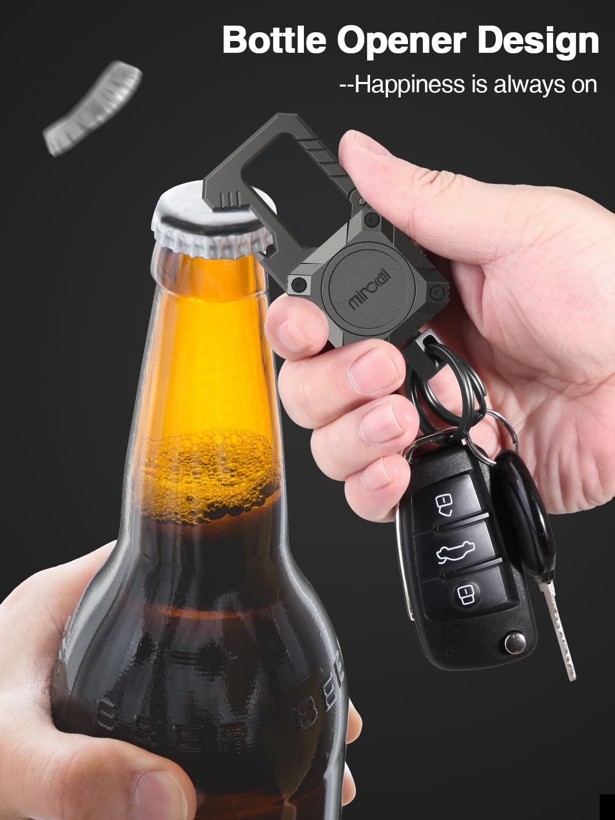 Miroddi Keychain Tracker, Men's Key Chain Works with Find My(iOS Only), Heavy Duty Keychain Carabiner Bottle Opener, Car Key Chains with Finder, Anti-lost Keyrings Tracker, Rechargeable, Gunmetal