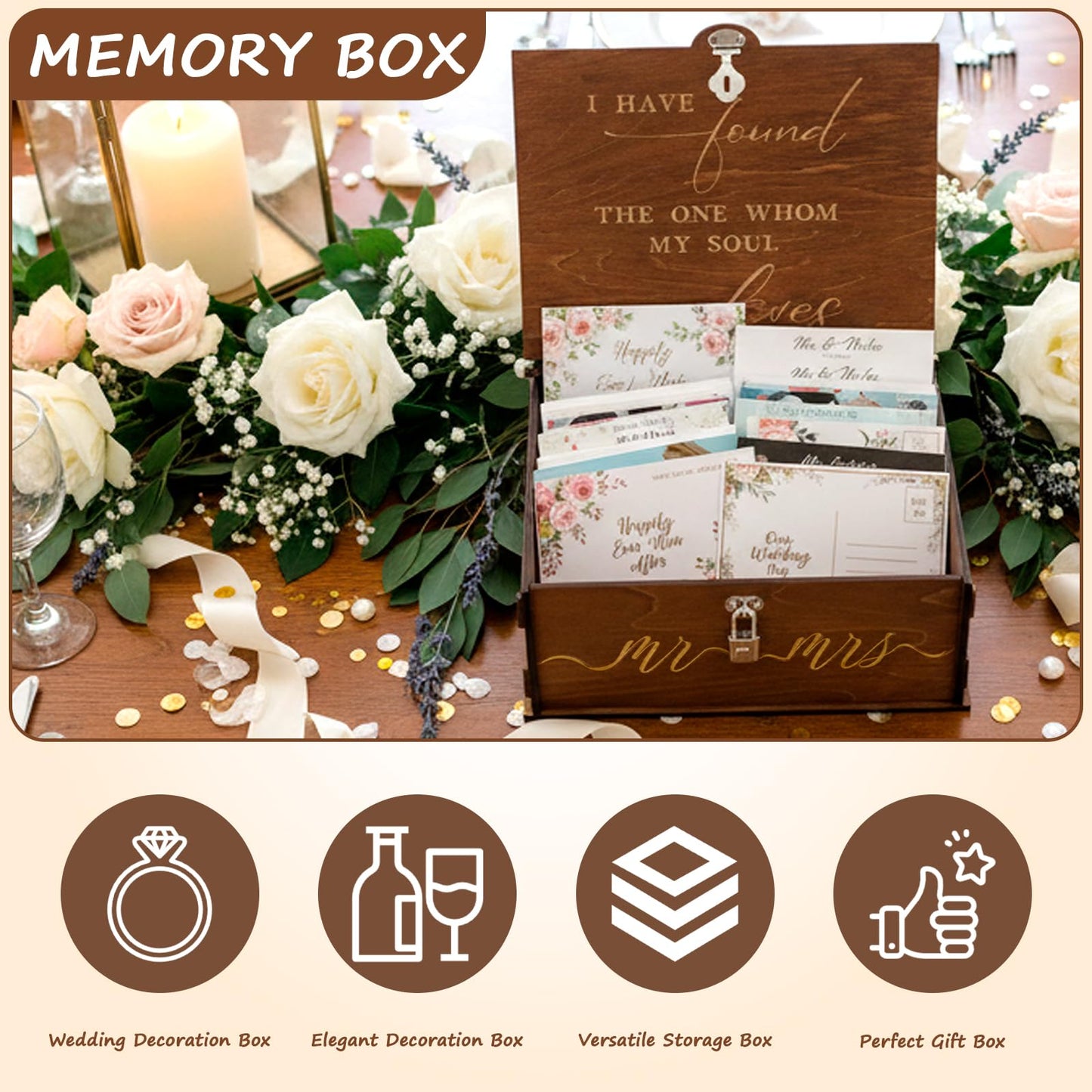 OurWarm Wedding Keepsake Box with Lock, Large Wooden Memory Box for Keepsakes, Wood Decorative Photo Storage Boxes with Lids, Mr and Mrs Personalized Anniversary Engagement Gifts for Couples