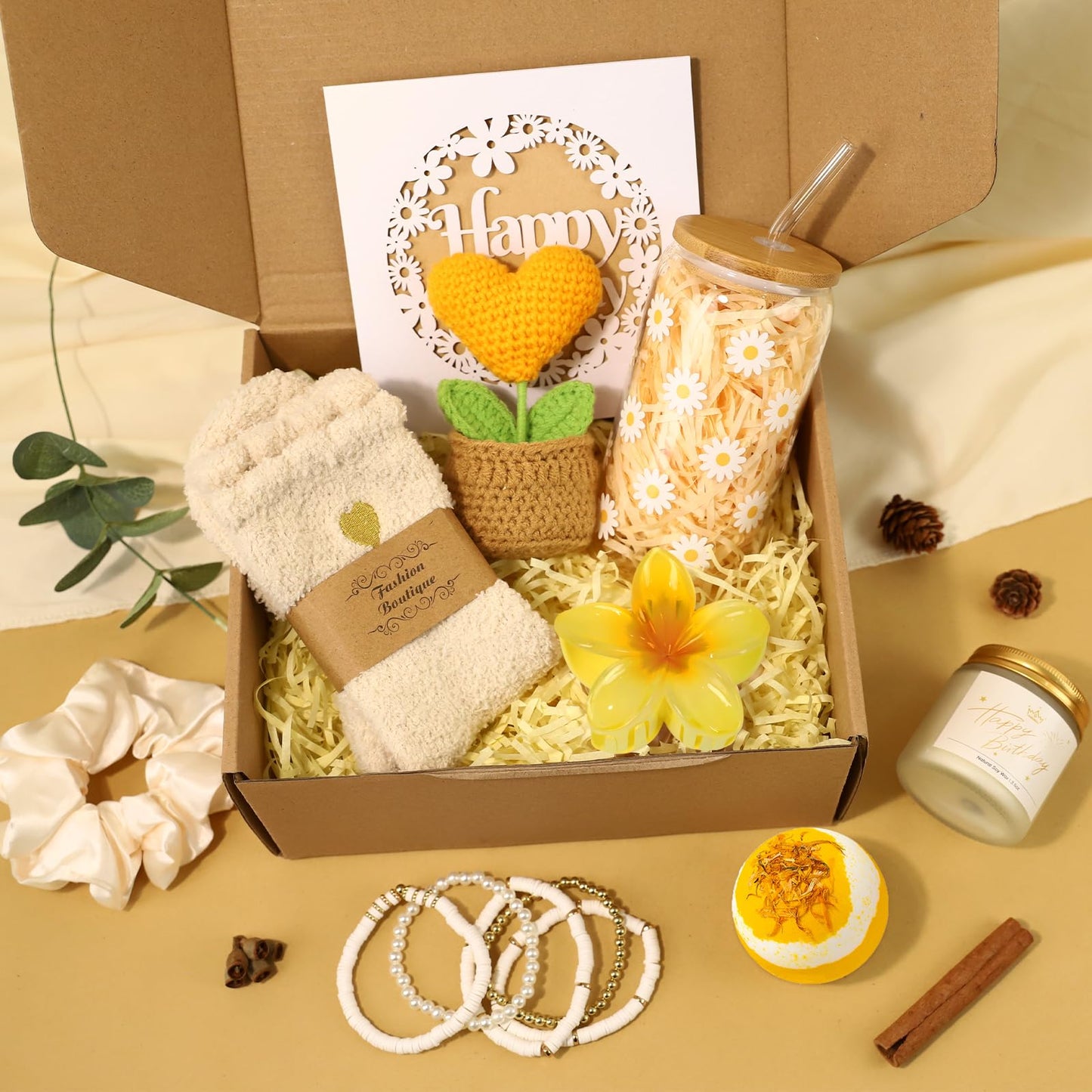 Birthday Gifts for Women, Unique Happy Birthday Gift Baskets for Teen Girls, Women, Her, Best Friend, Daughter, Sister, Self Care Package Cute Daisy Aesthetic Glass Cups Gift Box 9pcs Set