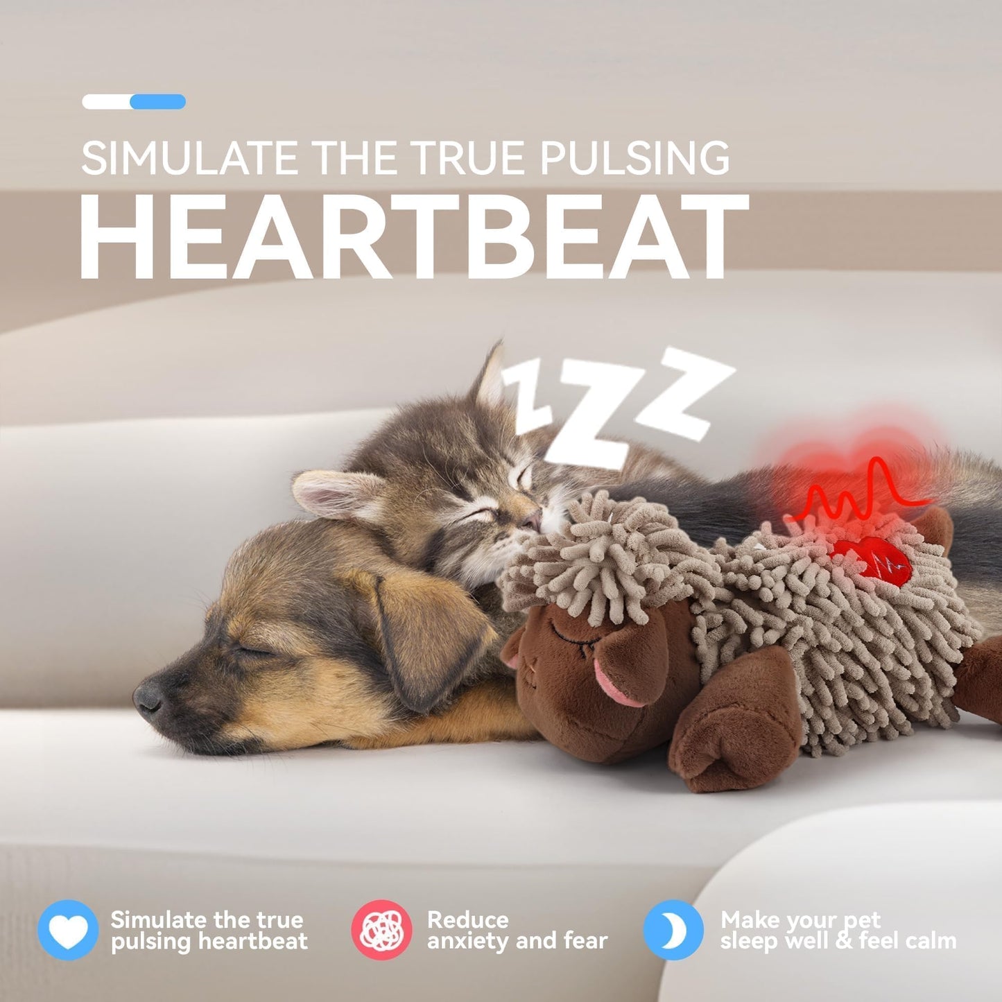 ALL FOR PAWS Heartbeat Dog Toy, Puppy Sleeping Buddy Cuddle Toy, Dog Soothing Plush Toy with Warm Bag, Crate Training Puppy Stuffed Animal Gift Toys, Heartbeat Box with USB Charging