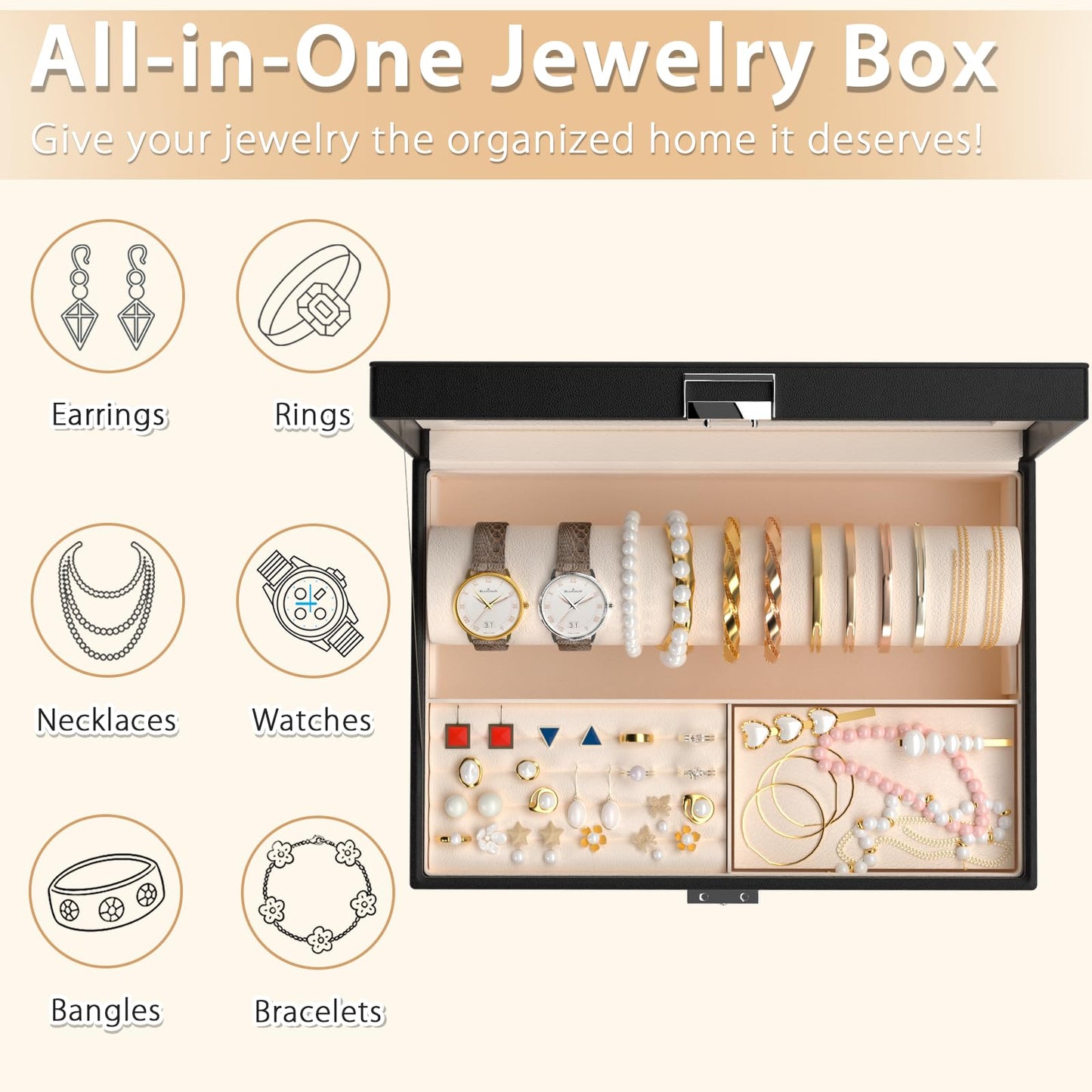 Jolensoy Jewelry Organizer Box with Clear Glass Lid, Bracelet Holder Jewelry Storage Case for Earrings, Rings, Bangles, Watches - PU Leather Jewelry Display Box Gifts for Women Girls, Black
