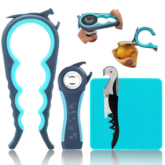 Otstar Jar Opener & Bottle Opener Set for Weak Hands - Multi-Function Kitchen Opener Tool for Seniors with Arthritis, Elderly - Includes Jar Lid Gripper Pad, Corkscrew Opener