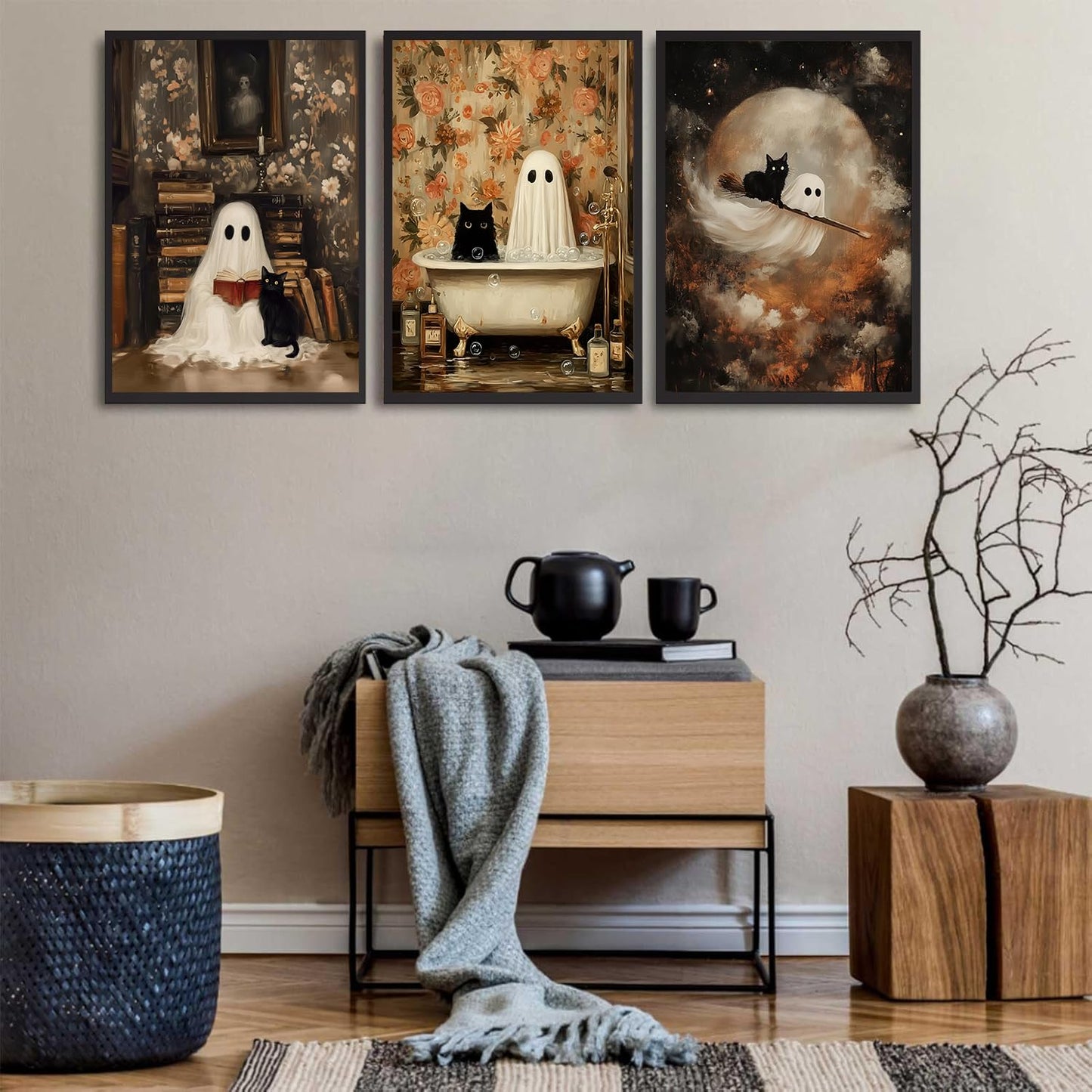 3Pcs Halloween Ghost Wall Art Funny Gothic Moody Ghosts and Black Cat Painting Picture Wall Decor Reading Horror Dark Academia Poster Print Artwork for Bathroom Livingroom Home Decoration Unframed